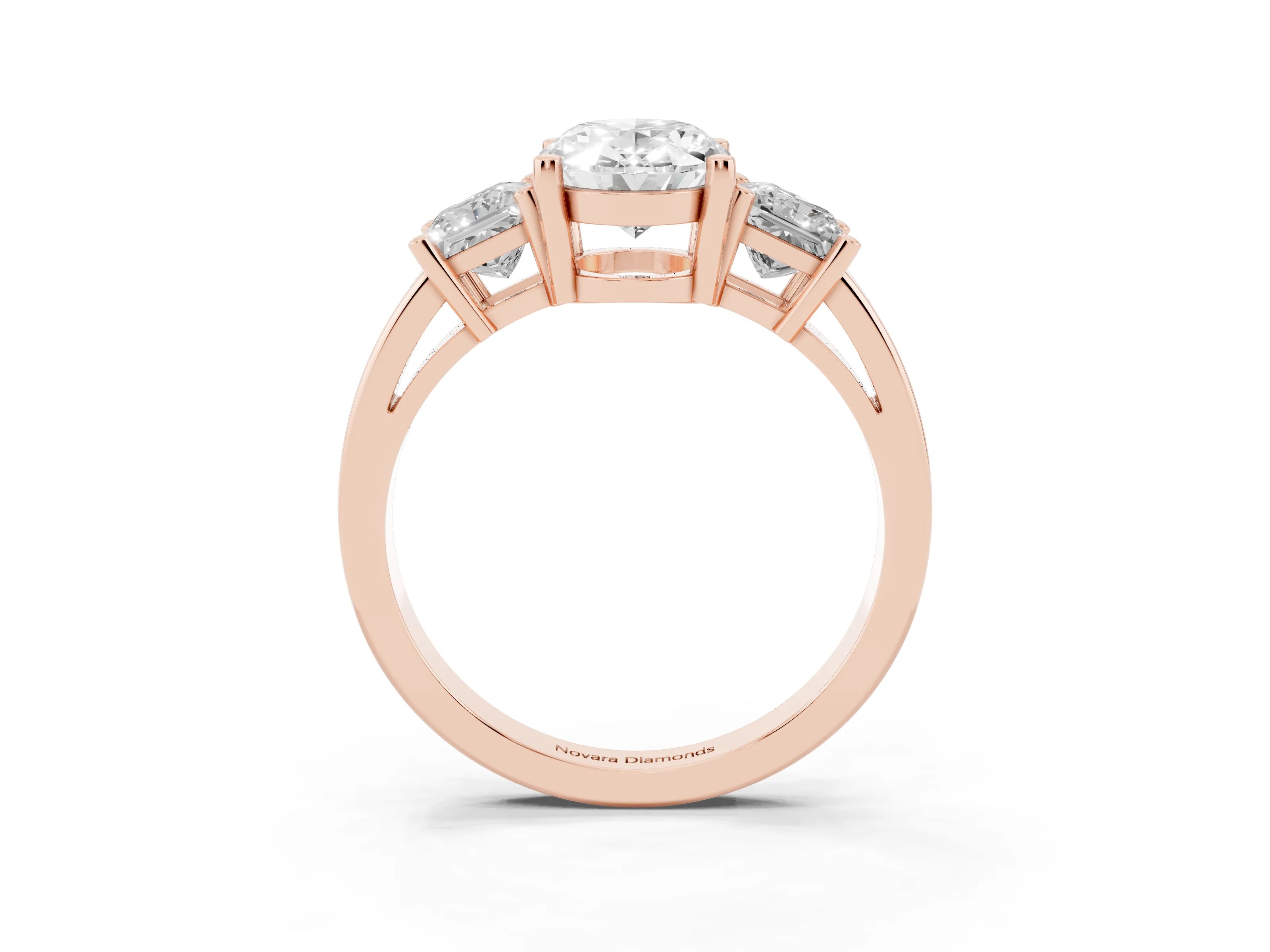 Three-Stone Oval Cut Diamond Solitaire Ring Set in Rose gold with Prong Setting