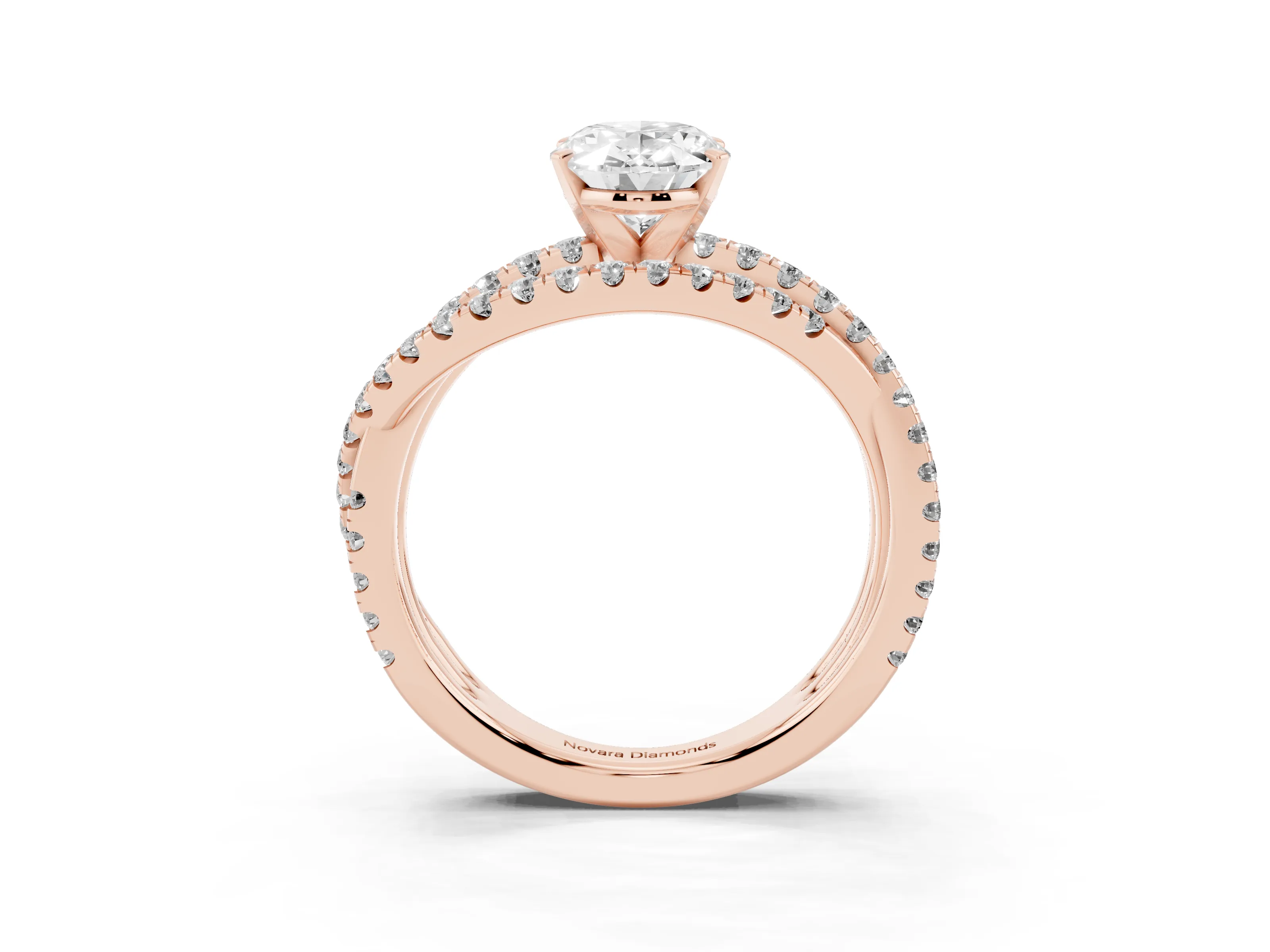 Oval Cut Diamond Solitaire Twist Band Ring Set in Rose gold with Pavé Setting and Prong Head