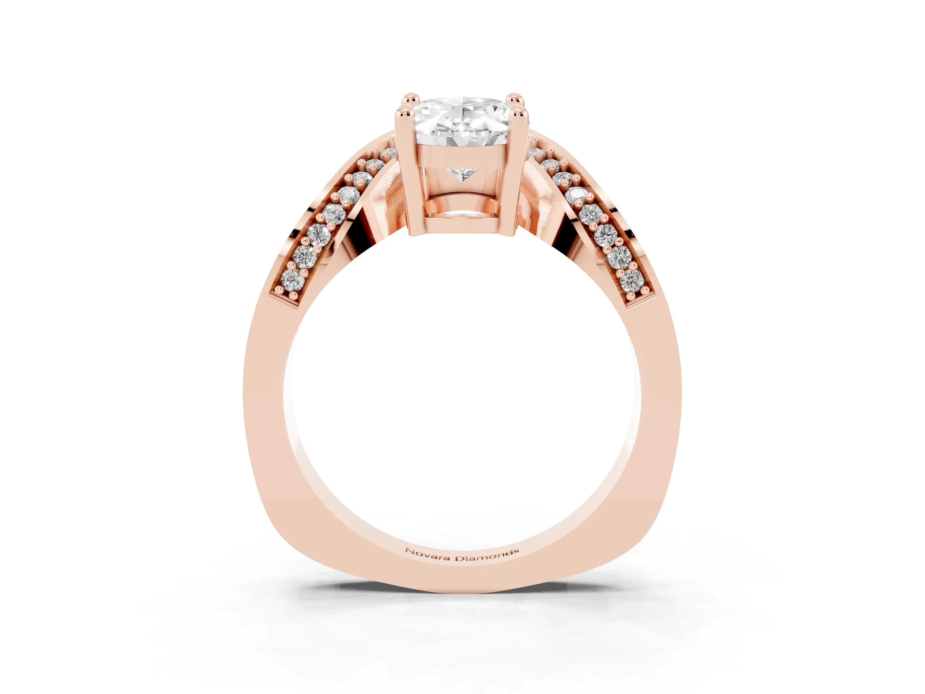 Oval Cut Diamond Solitaire Engagement Ring Set in Rose gold with Pavé Shoulders