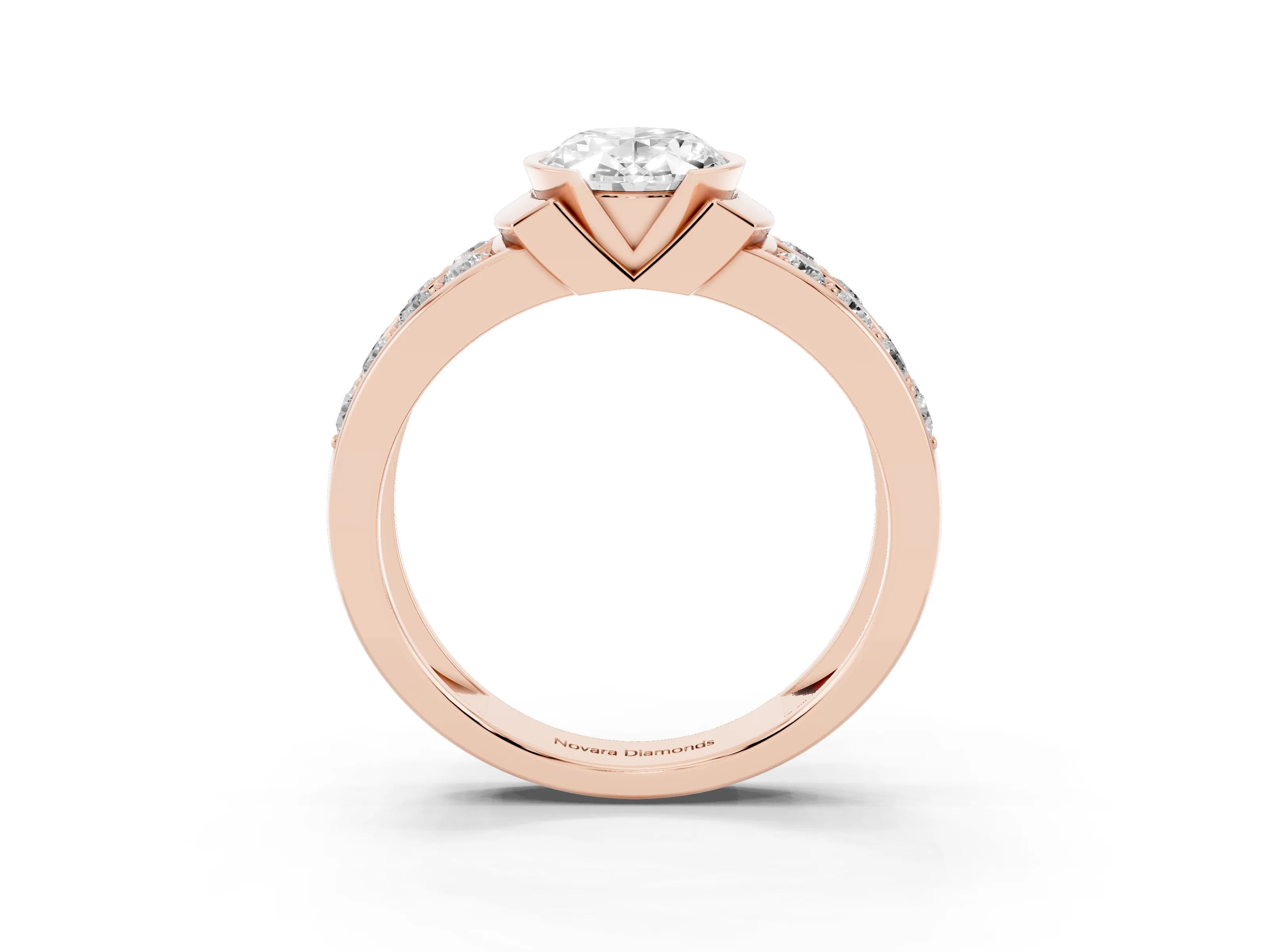 Oval Cut Diamond Wide Channel Set Band Ring Set in Rose gold with Bezel Setting
