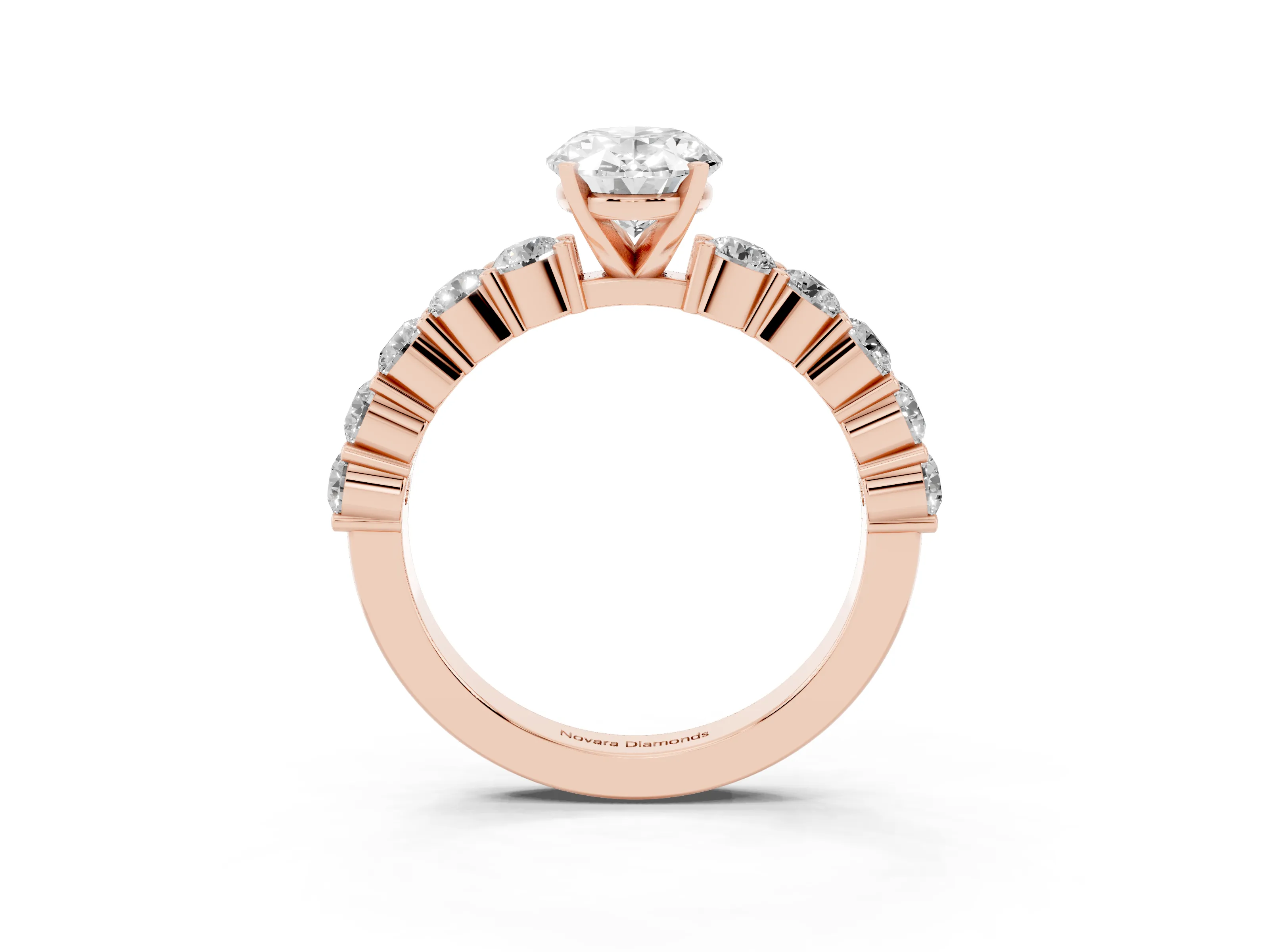 Oval Cut Diamond Solitaire Ring Set in Rose gold with Shared Prong Round Side Stones