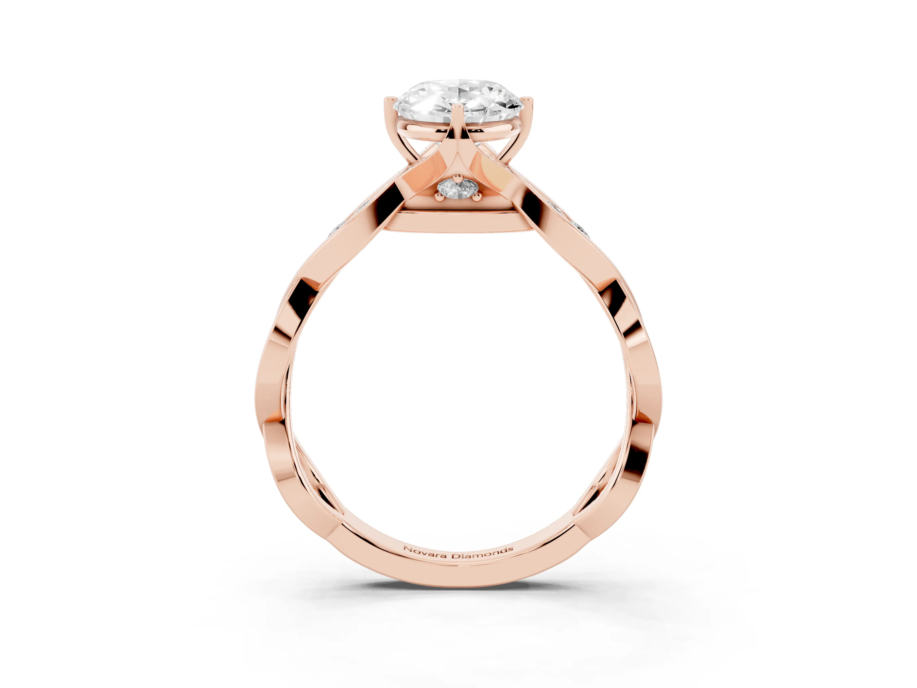Oval Cut Diamond Twist Band Solitaire Ring Set in Rose gold with Leaf Prong Setting and Accent Stones