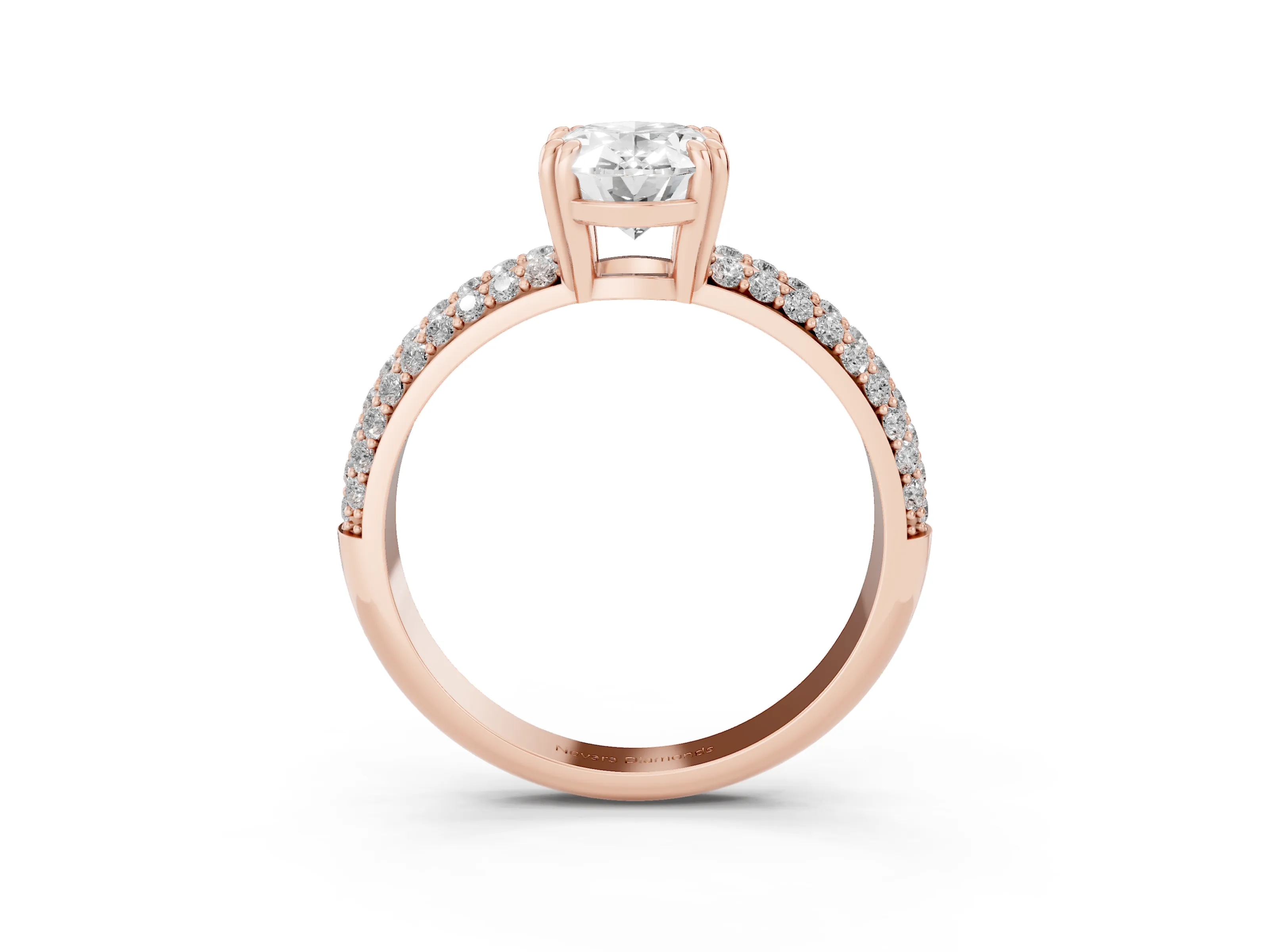 Oval Cut Diamond Solitaire Ring Set in Rose gold with Multi-Row Round Pavé Band and Prong Setting