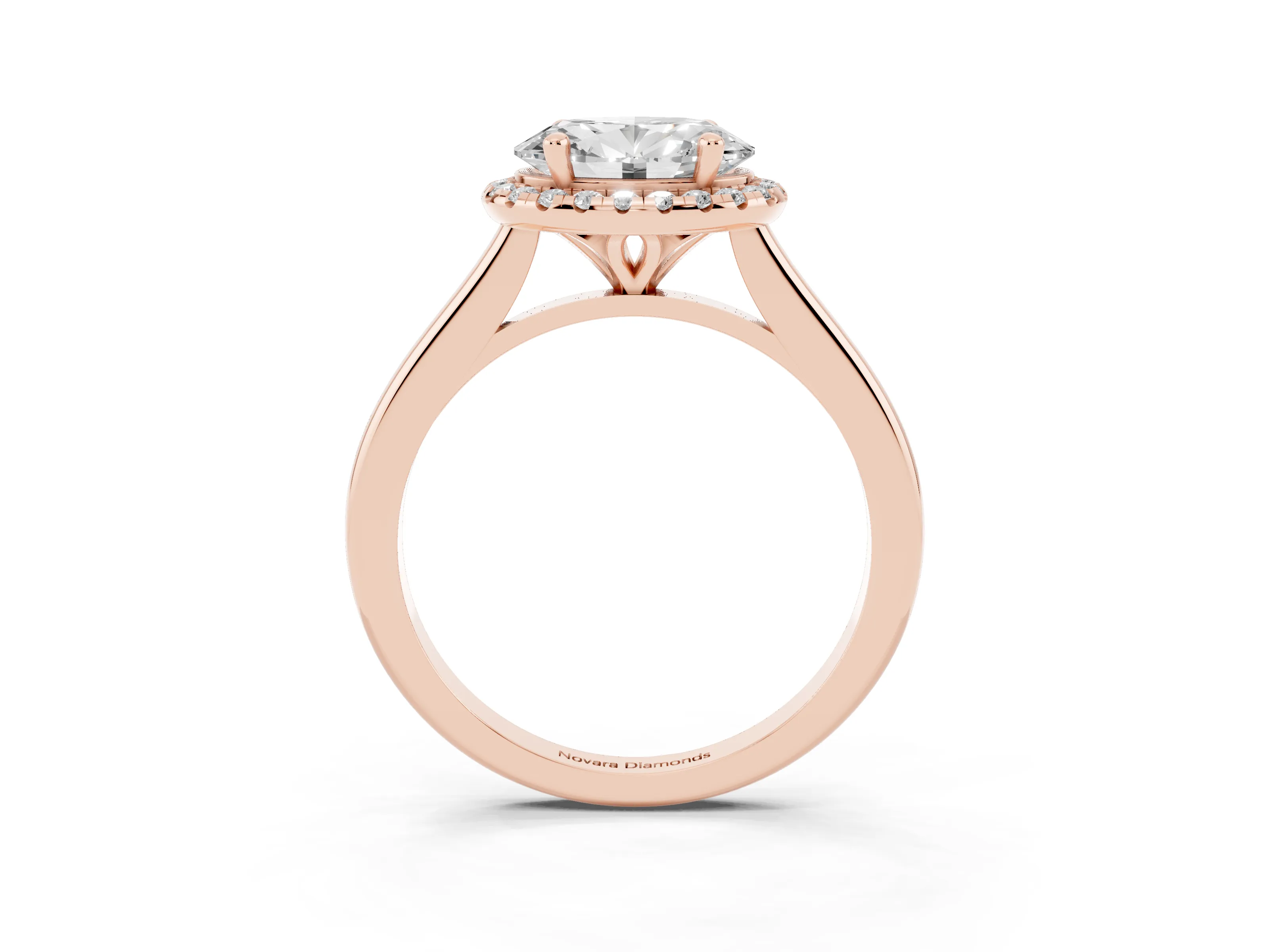 Oval Cut Diamond Halo Engagement Ring Set in Rose gold with Pavé Band and Rising Shoulders