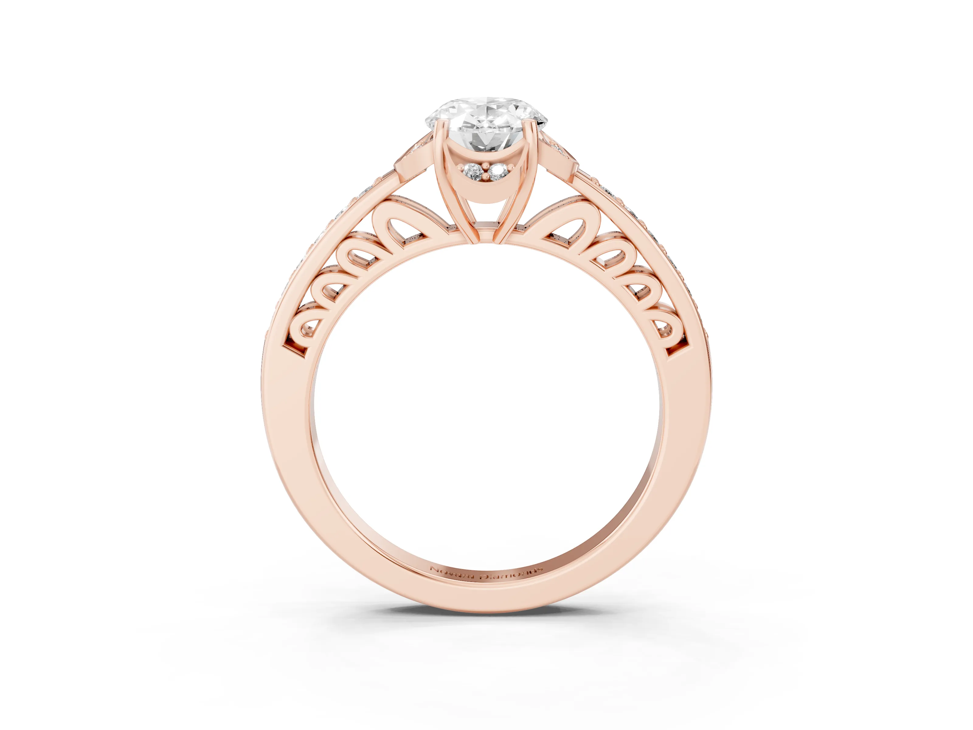 Oval Cut Diamond Halo Ring Set in Rose gold with Channel Set Band and Prong Setting