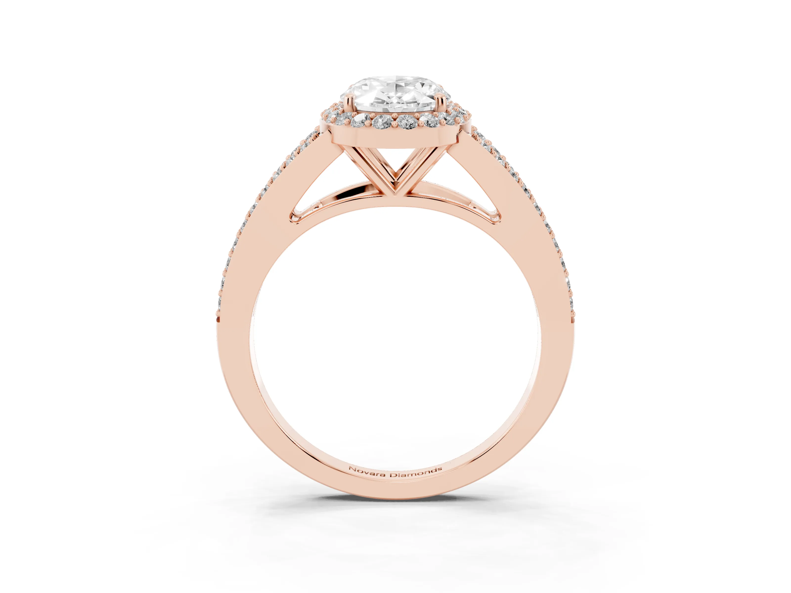 Oval Cut Diamond Halo Split Shank Ring Set in Rose gold with Accent Stones and Prong Setting