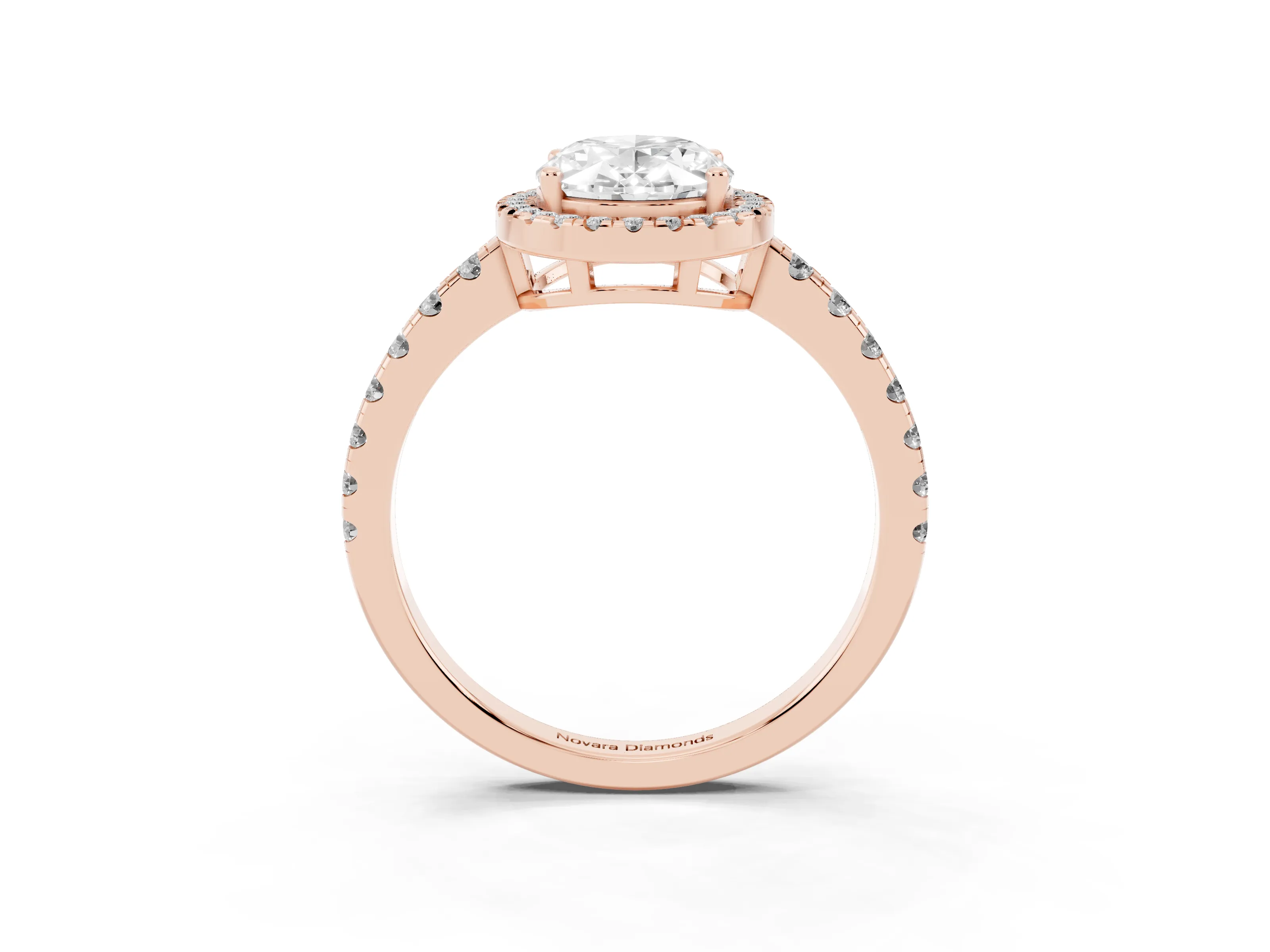Oval Cut Diamond Halo Ring Set in Rose gold with Delicate Pavé Band and Prong Setting