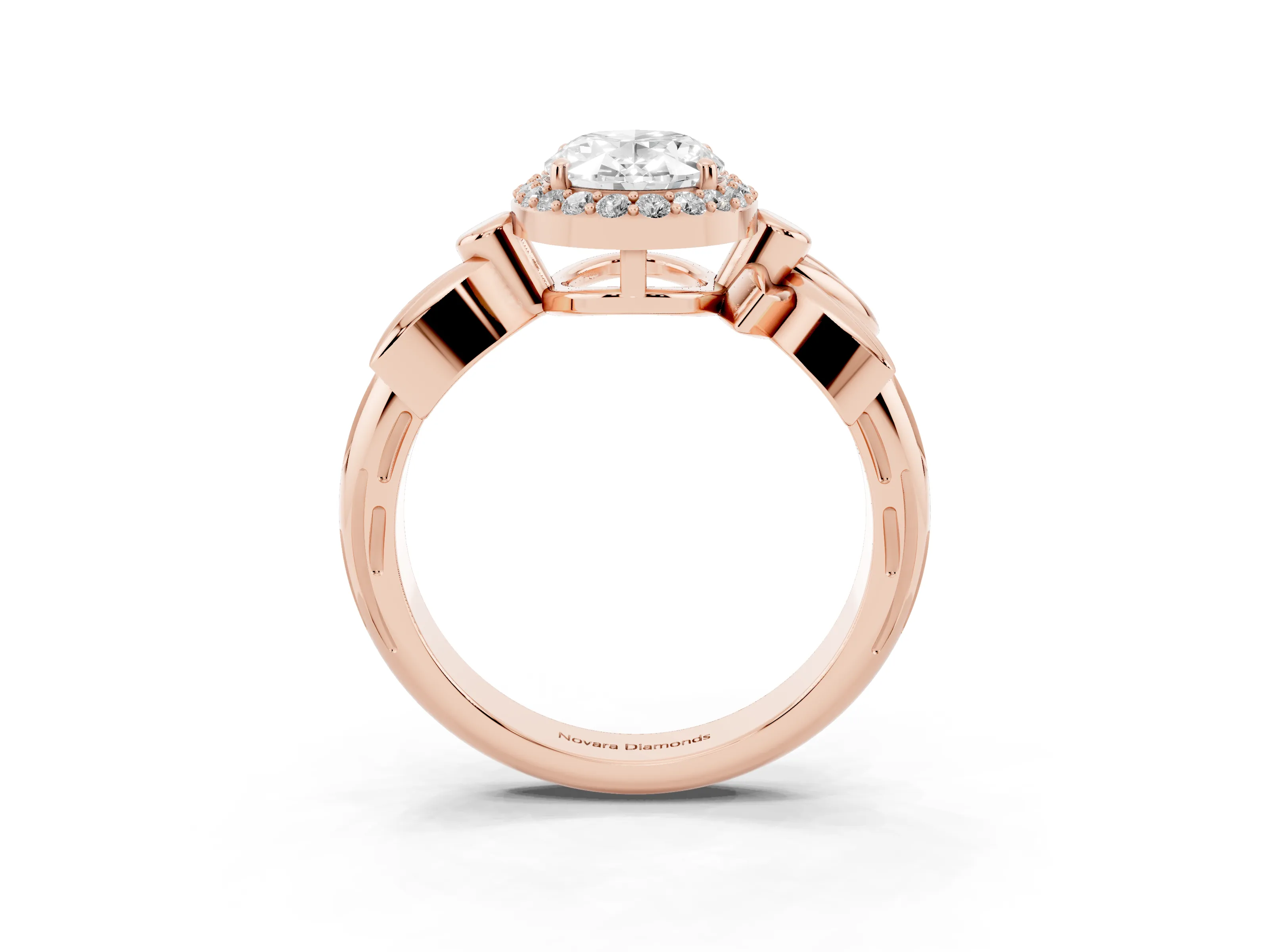 Oval Cut Diamond Halo Floral Band Ring Set in Rose gold with Prong Setting
