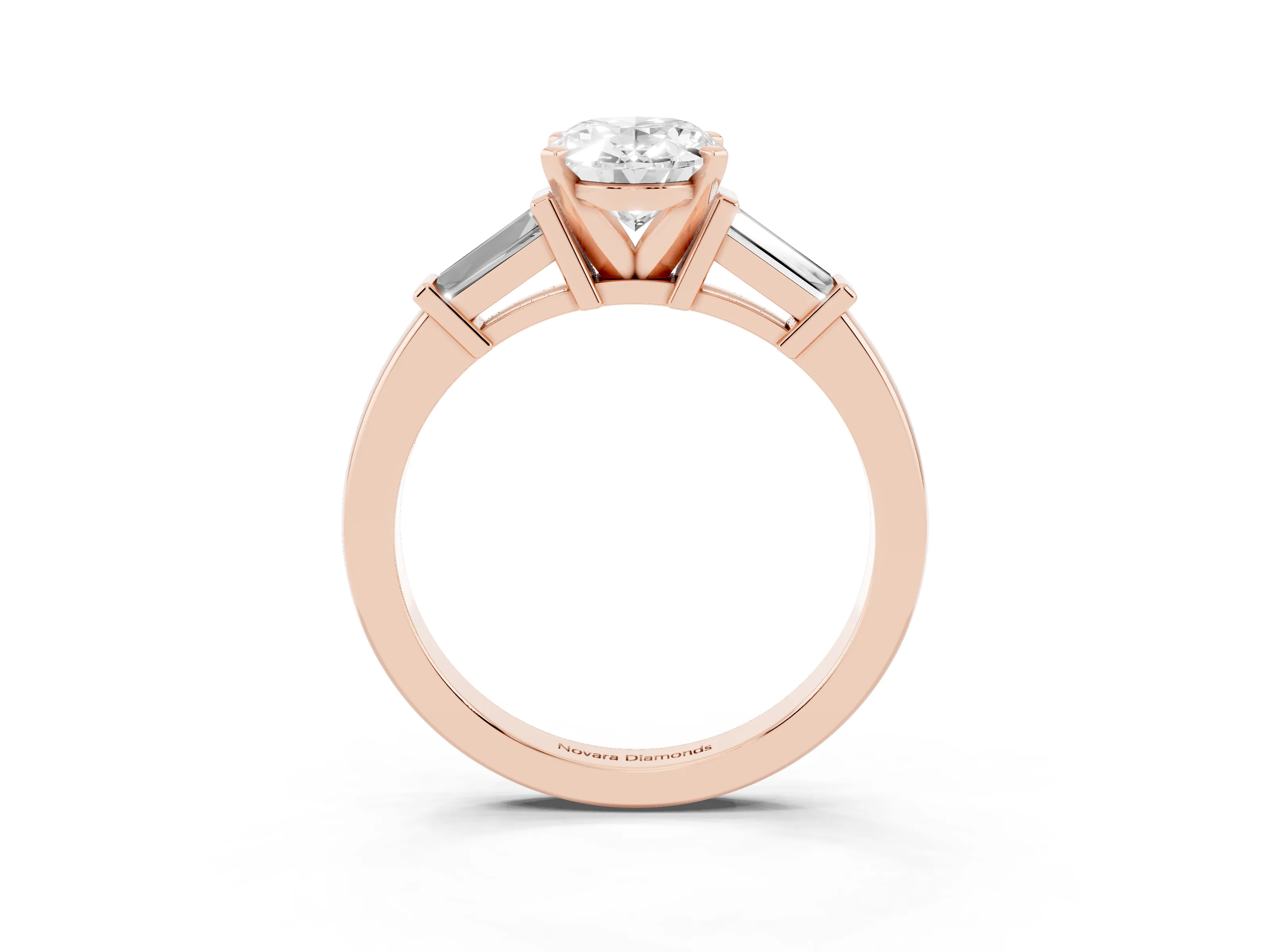 Oval Cut Diamond Solitaire Ring Set in Rose gold with Tapered Baguette Accents and Prong Setting