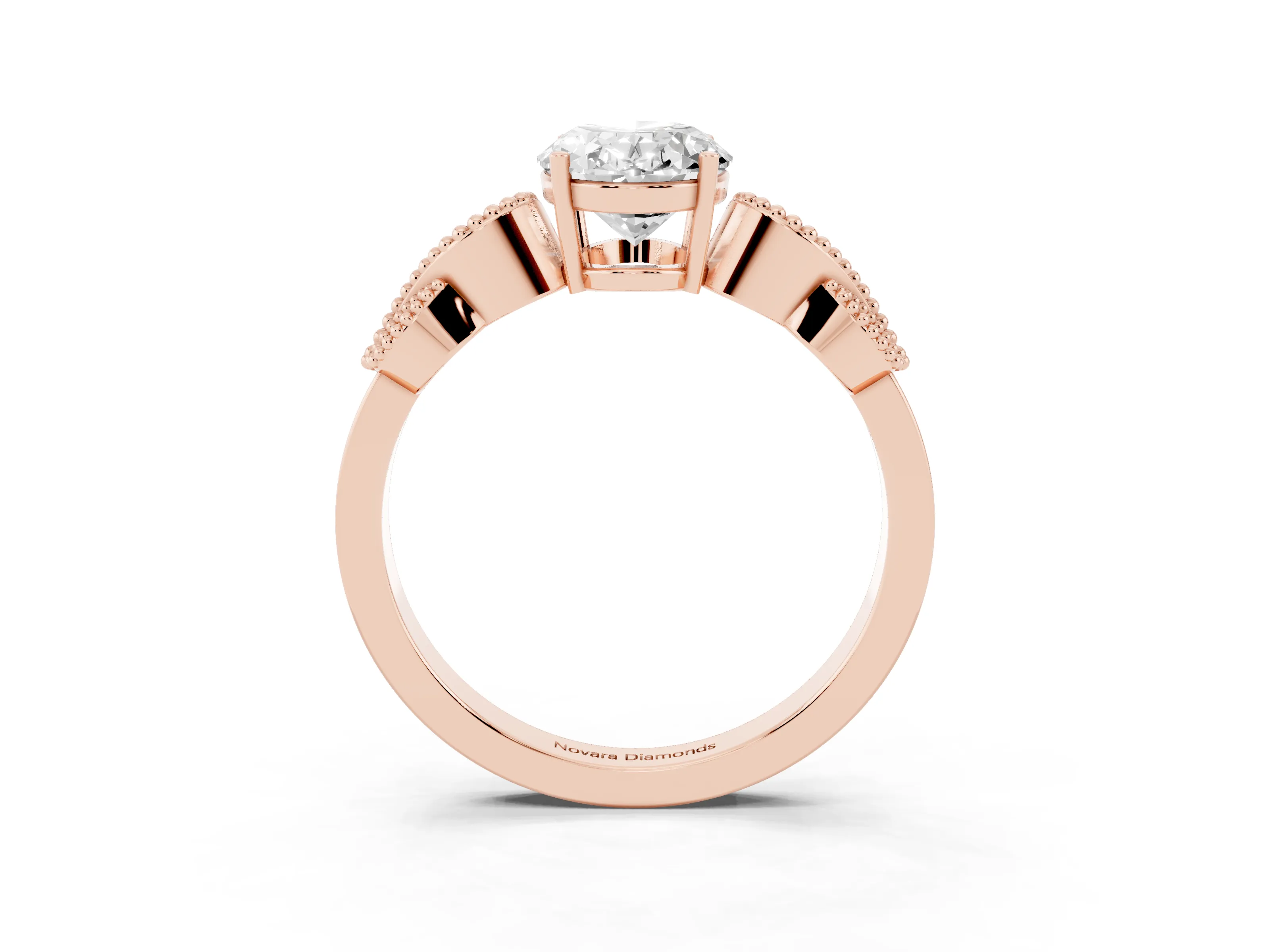Oval Cut Diamond Milgrain Leaf Band Solitaire Ring Set in Rose gold with Accent Stones and Prong Setting