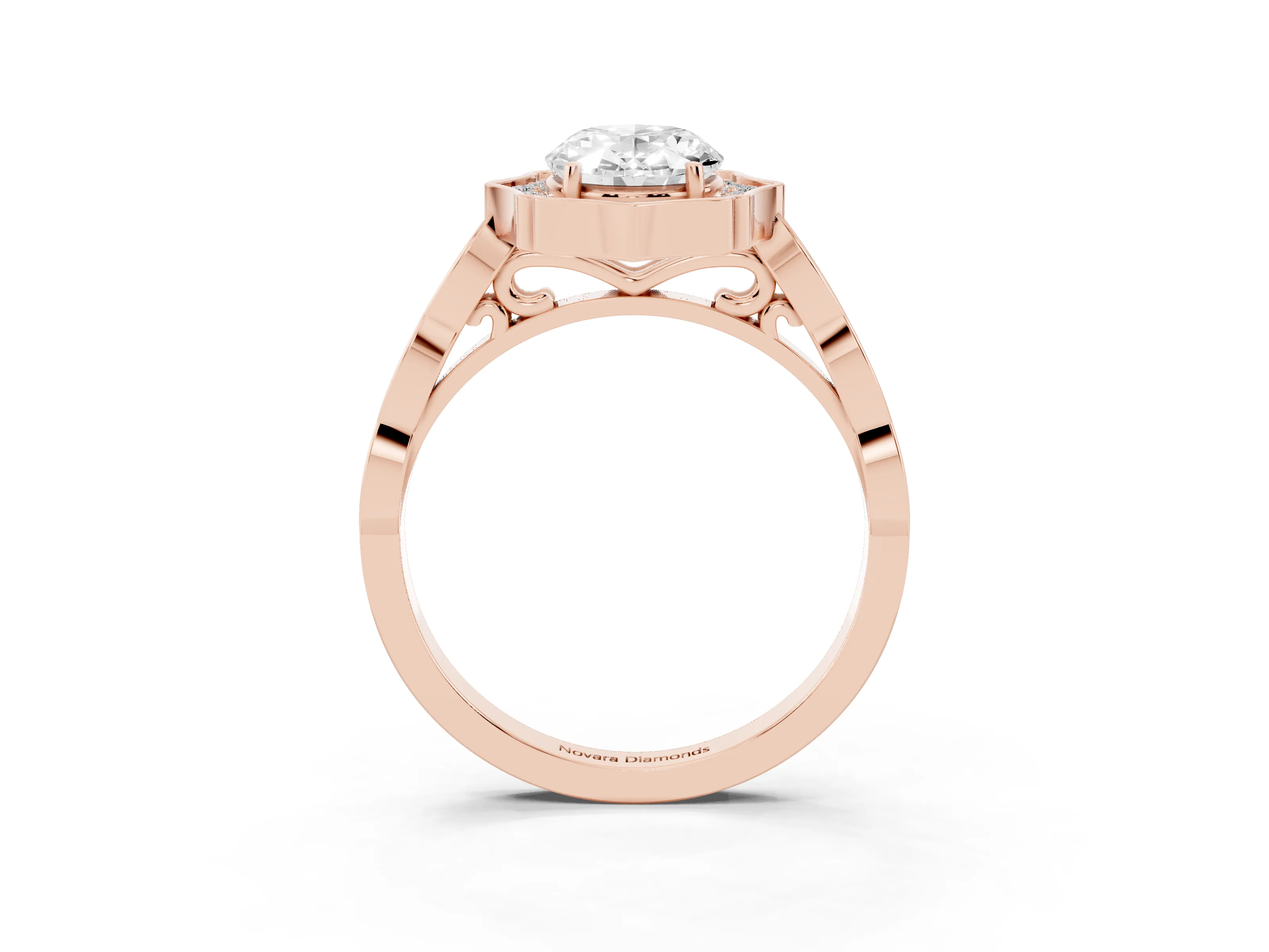 Oval Cut Diamond Halo Engagement Ring Set in Rose gold with Milgrain Band and Prong Setting