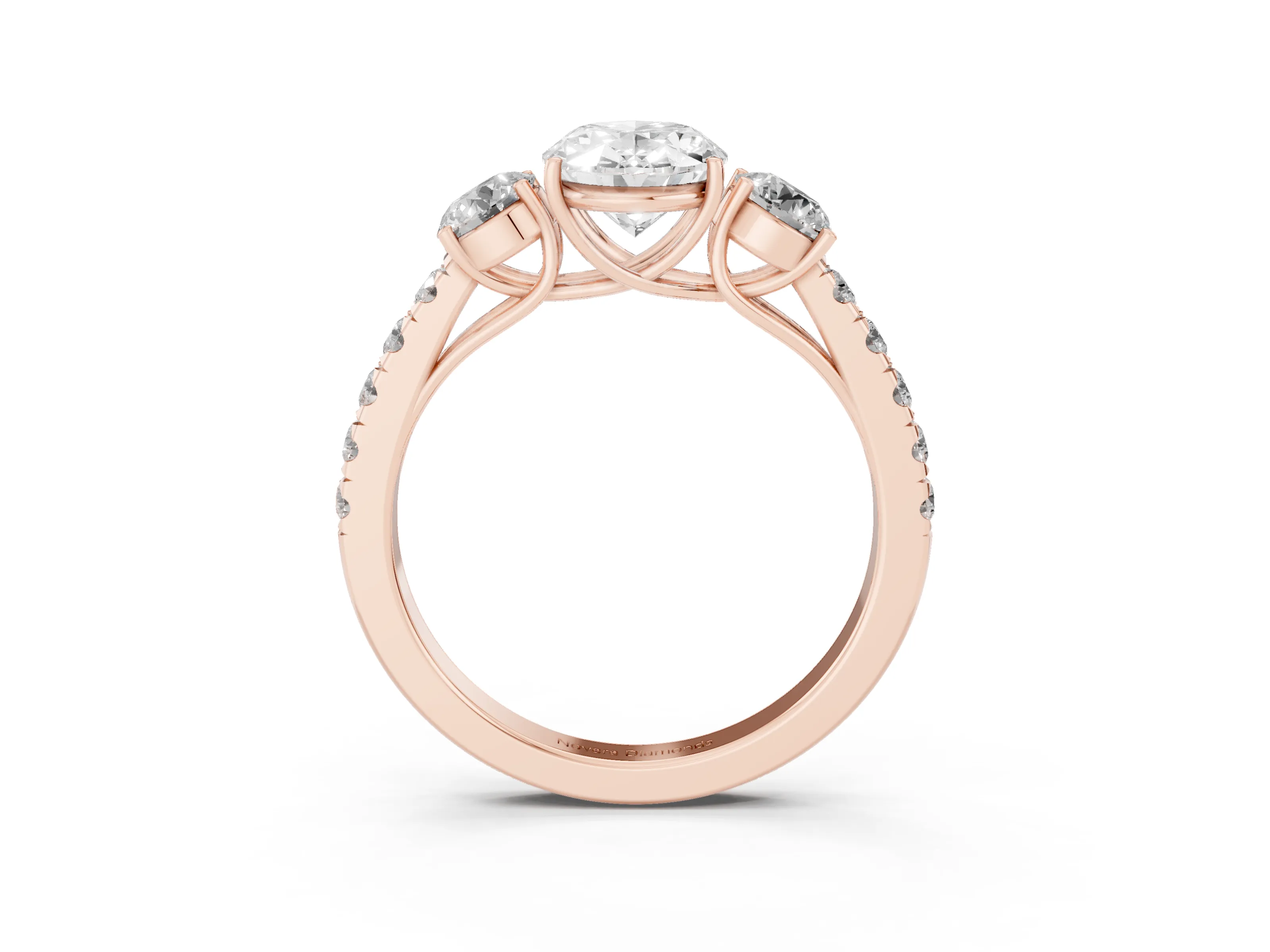 Oval Cut Diamond Three-Stone Ring Set in Rose gold with Round Side Stones and Delicate Pavé Band