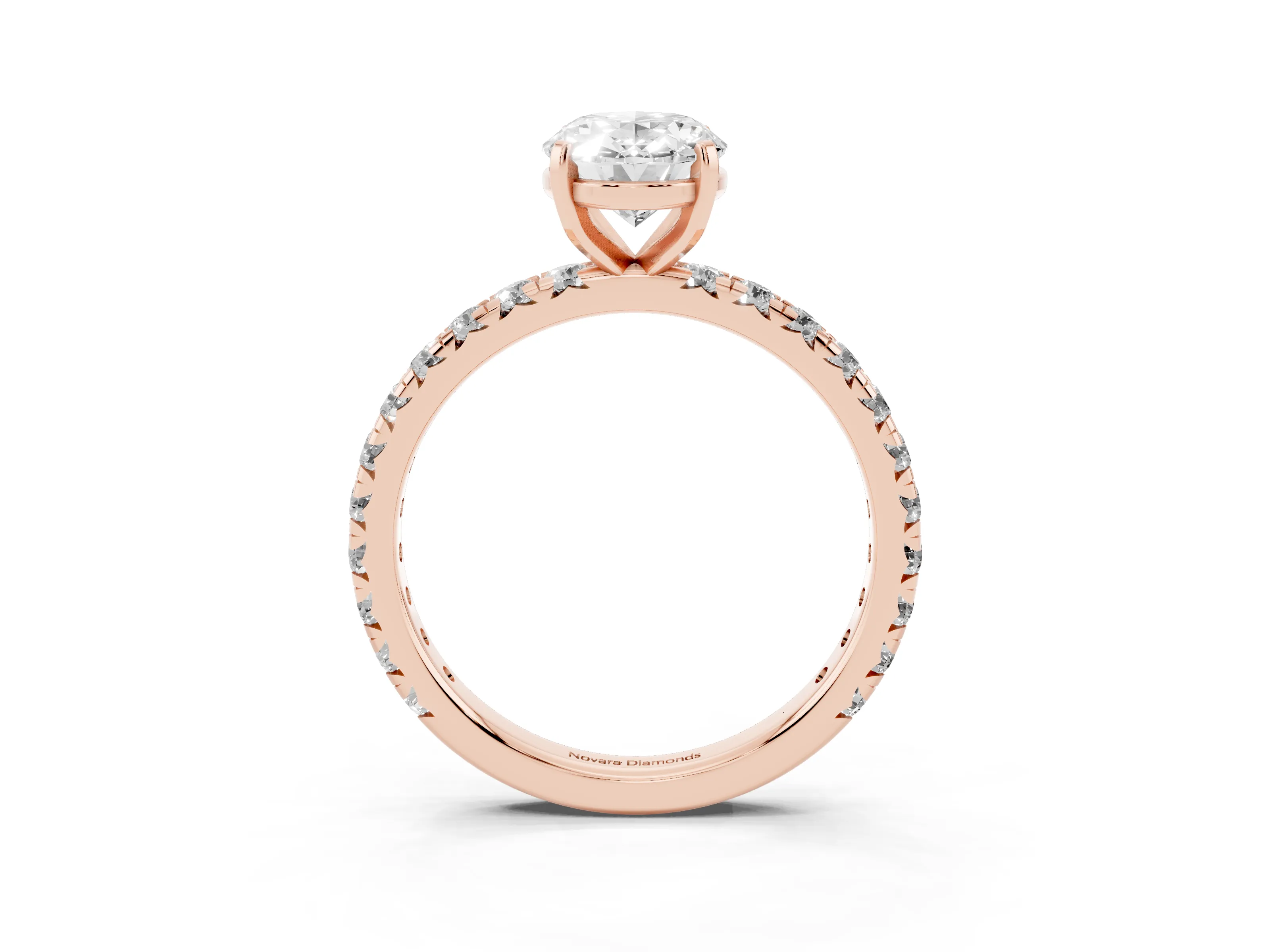 Oval Cut Diamond Pavé Solitaire Ring Set in Rose gold with Round Band and Prong Setting
