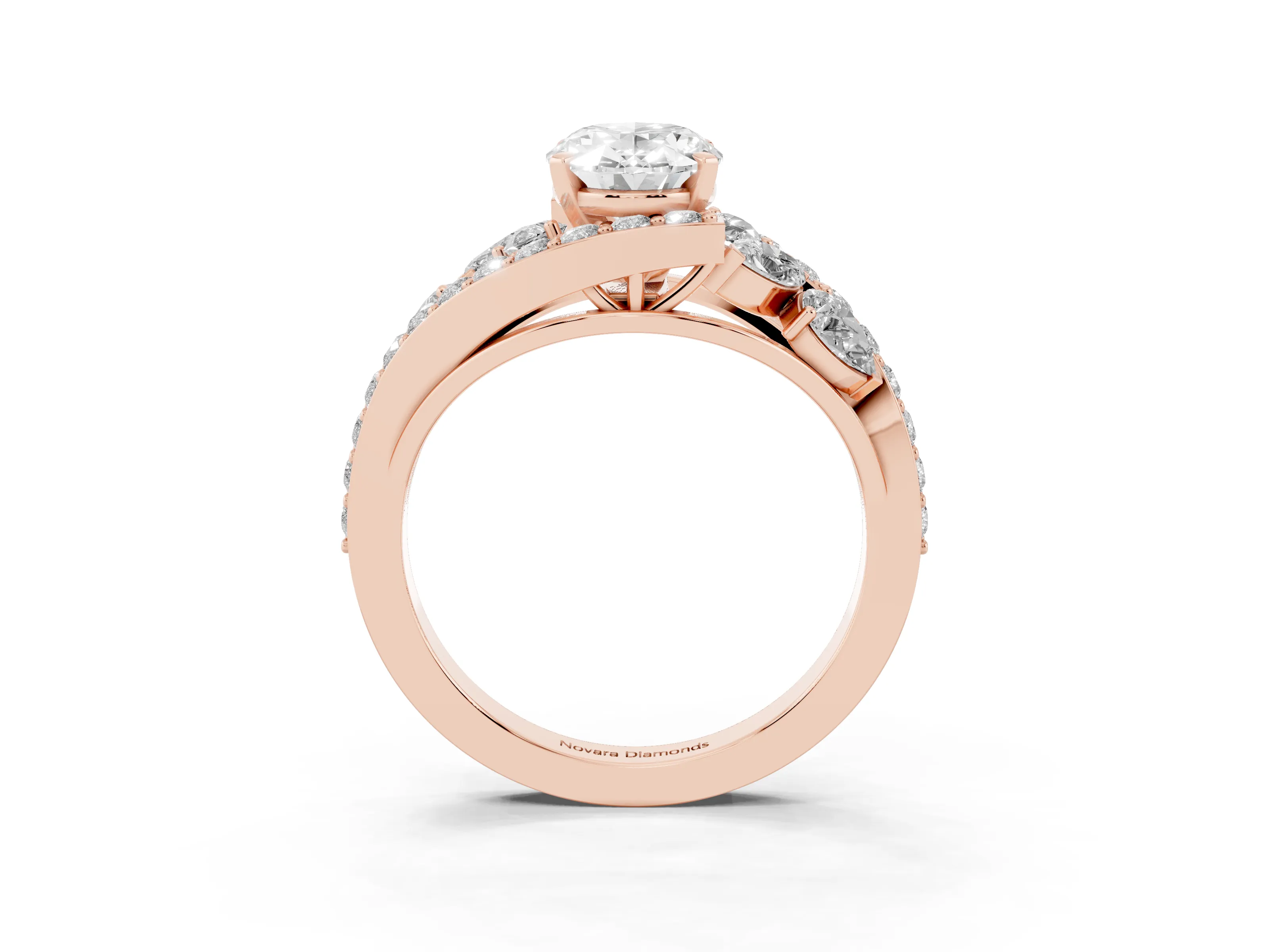 Oval Cut Diamond Halo Ring Set in Rose gold with Marquise and Pavé Band in Prong Setting