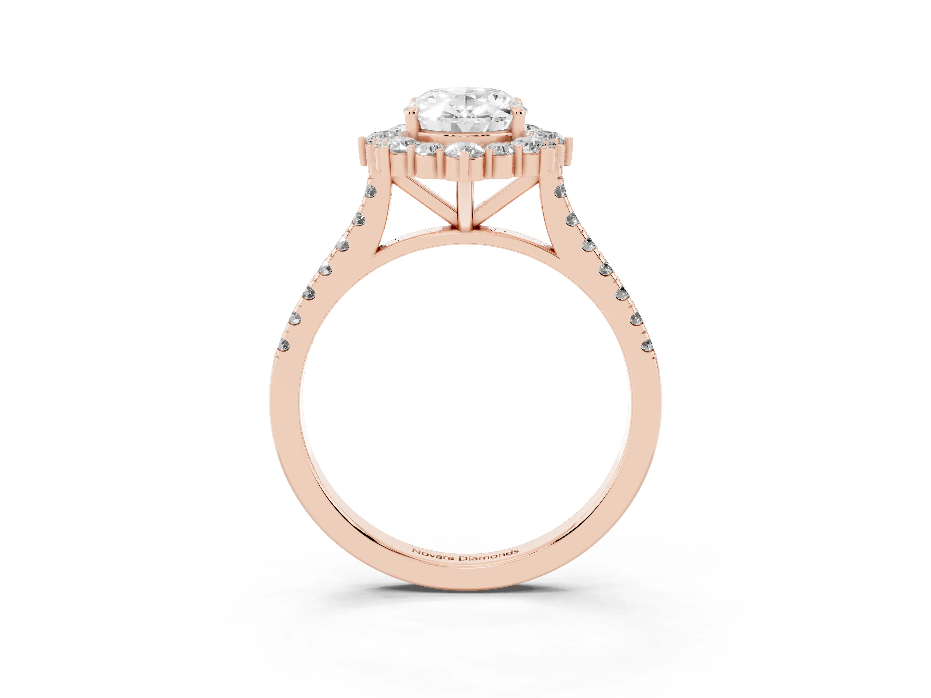 Oval Cut Diamond Halo Ring Set in Rose gold with Pavé Band and Prong Setting