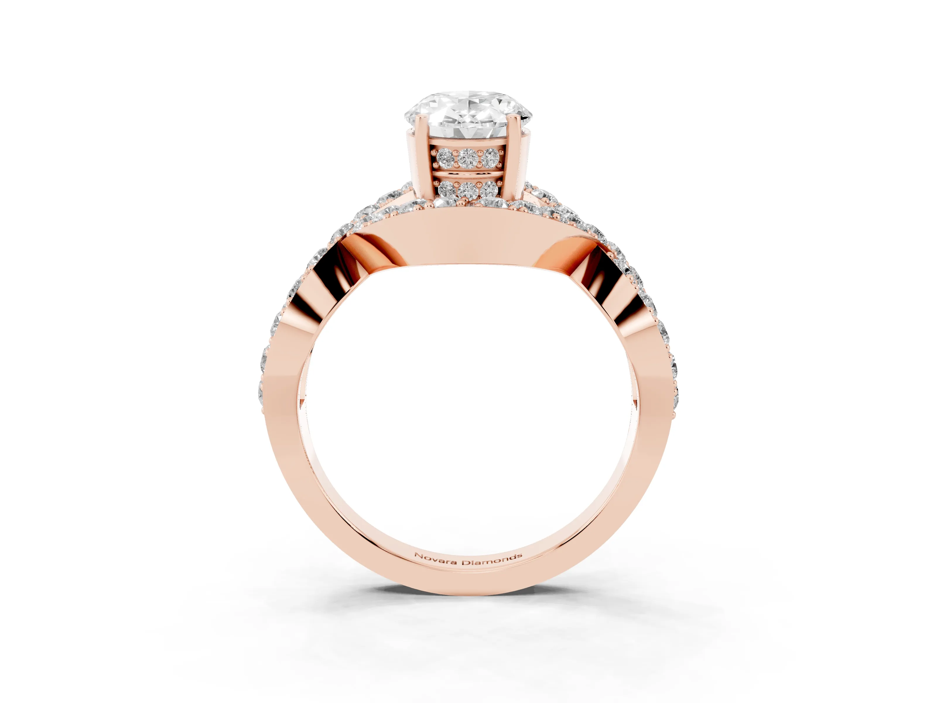 Oval Cut Diamond Solitaire Twist Band Pavé Engagement Ring Set in Rose gold