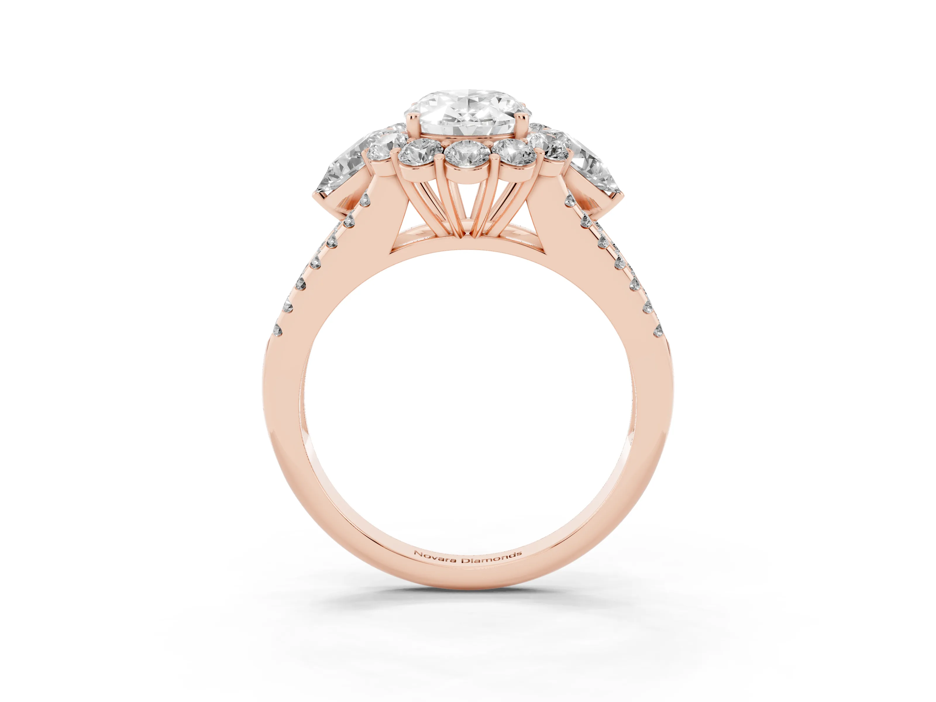 Oval Cut Diamond Halo Split Shank Engagement Ring Set in Rose gold with Prong-Held Center Stone
