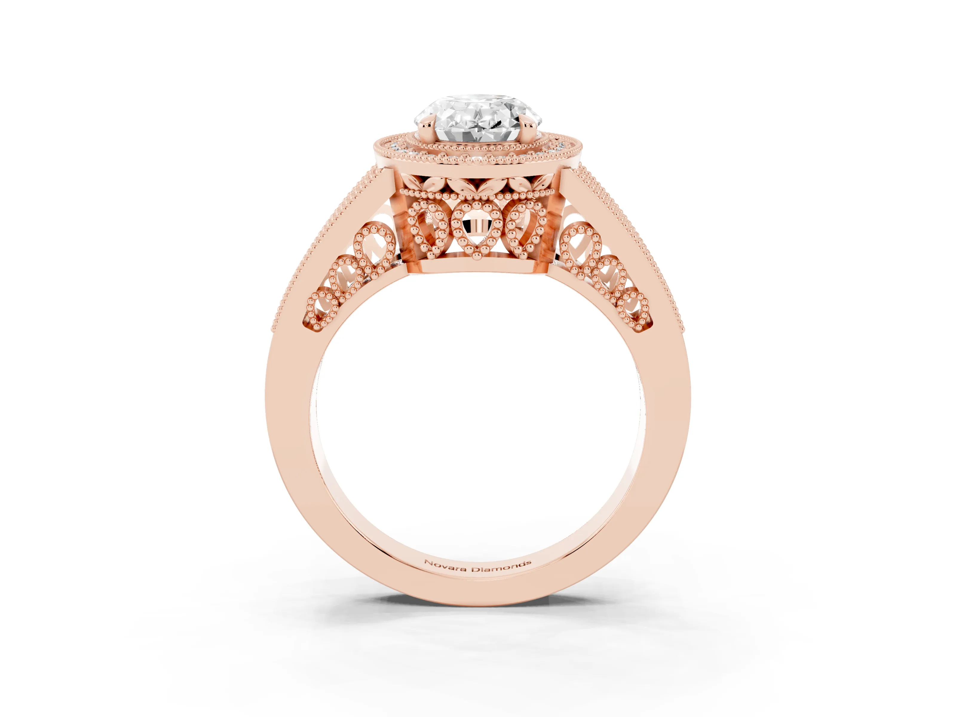 Oval Cut Diamond Halo Ring Set in Rose gold with Stone-Set Split Shank and Milgrain Edges