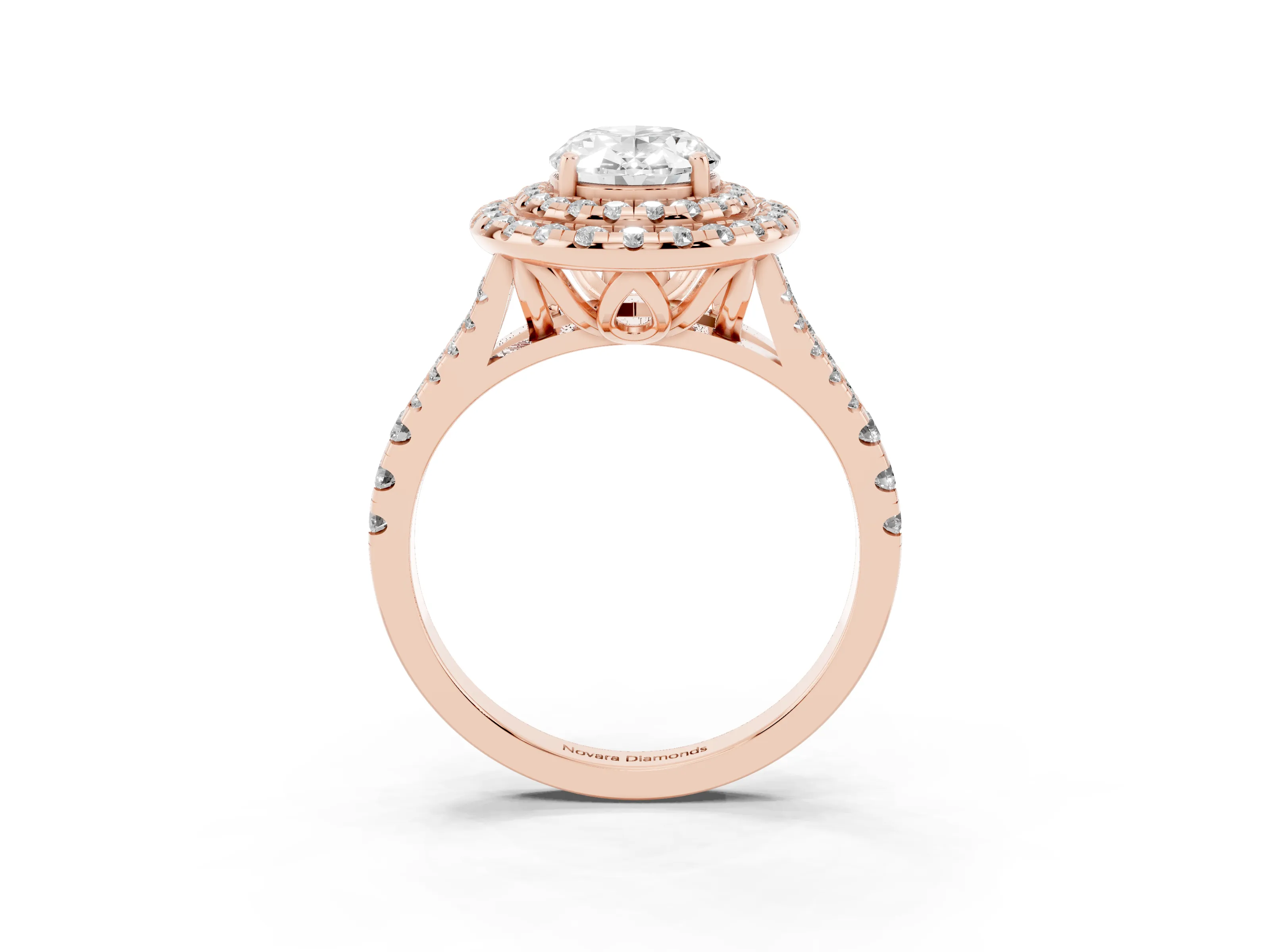 Oval Cut Diamond Double Halo Ring Set in Rose gold with Pavé Split Shank and Prong Setting