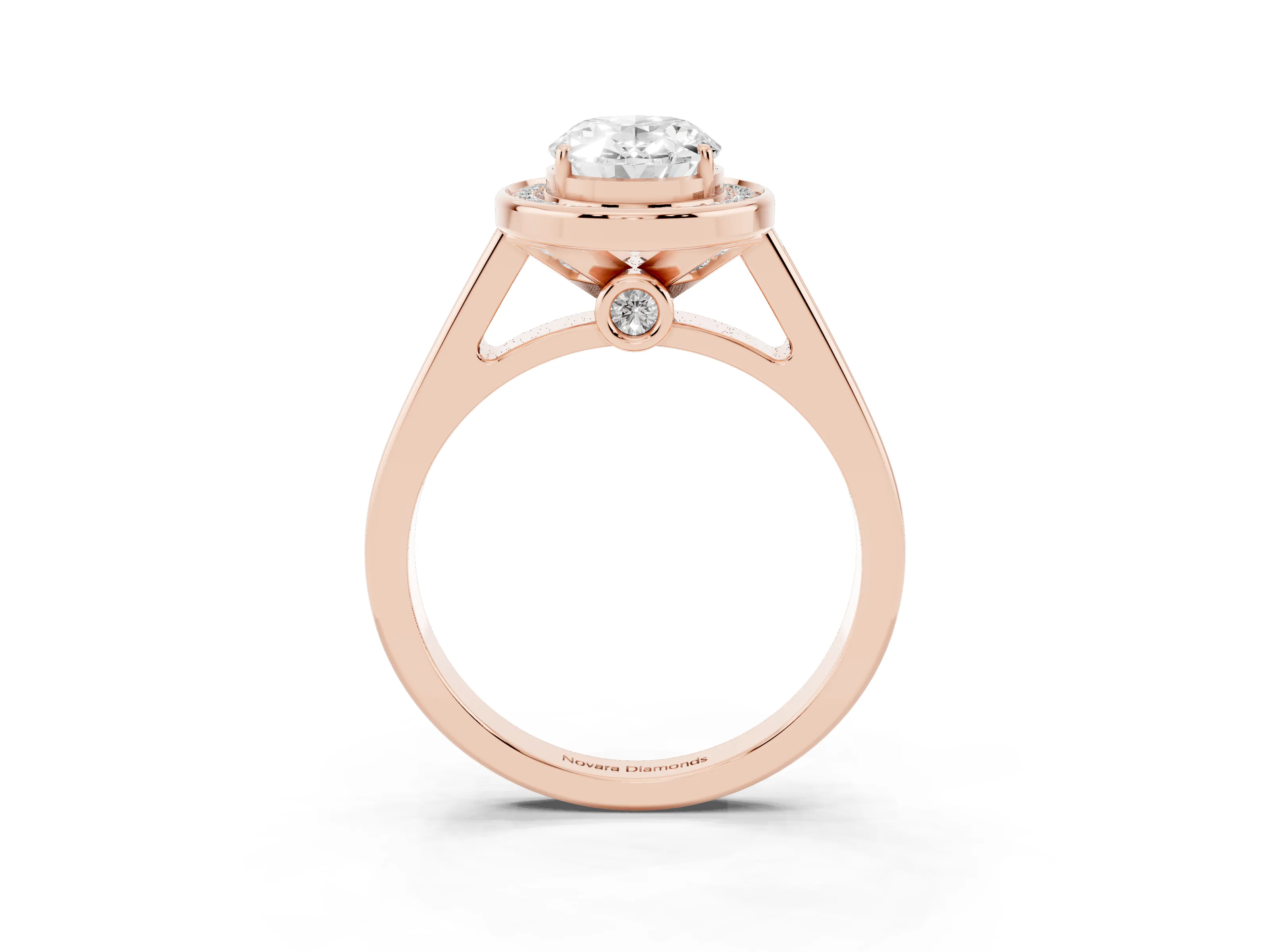 Oval Cut Diamond Halo Solitaire Ring Set in Rose gold with Pavé Band and Bezel Setting