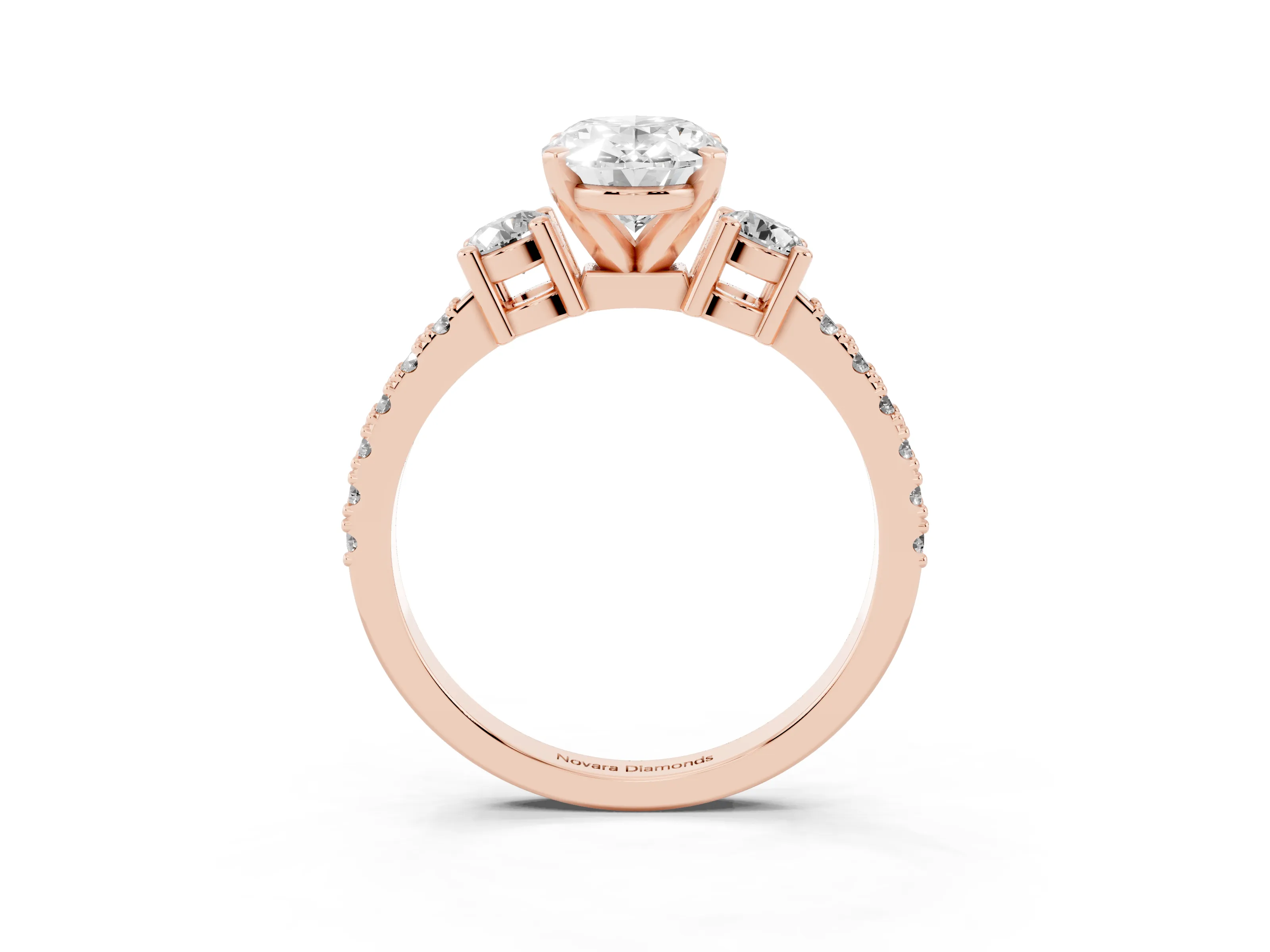 Three-Stone Oval Cut Diamond Pavé Band Ring Set in Rose gold with Prong Setting
