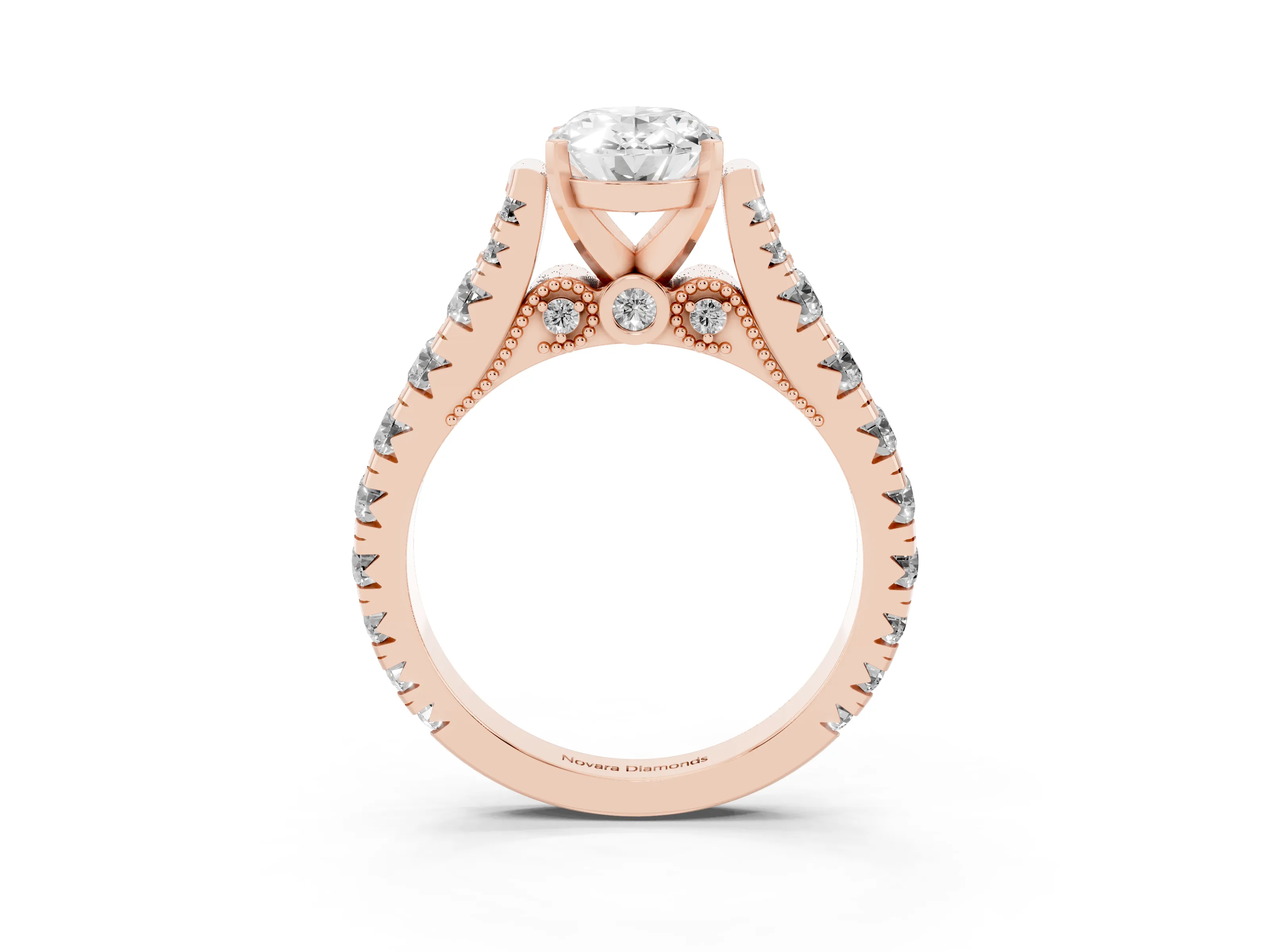 Oval Cut Diamond Classic Solitaire Ring Set in Rose gold with Pavé Band and Prong Setting