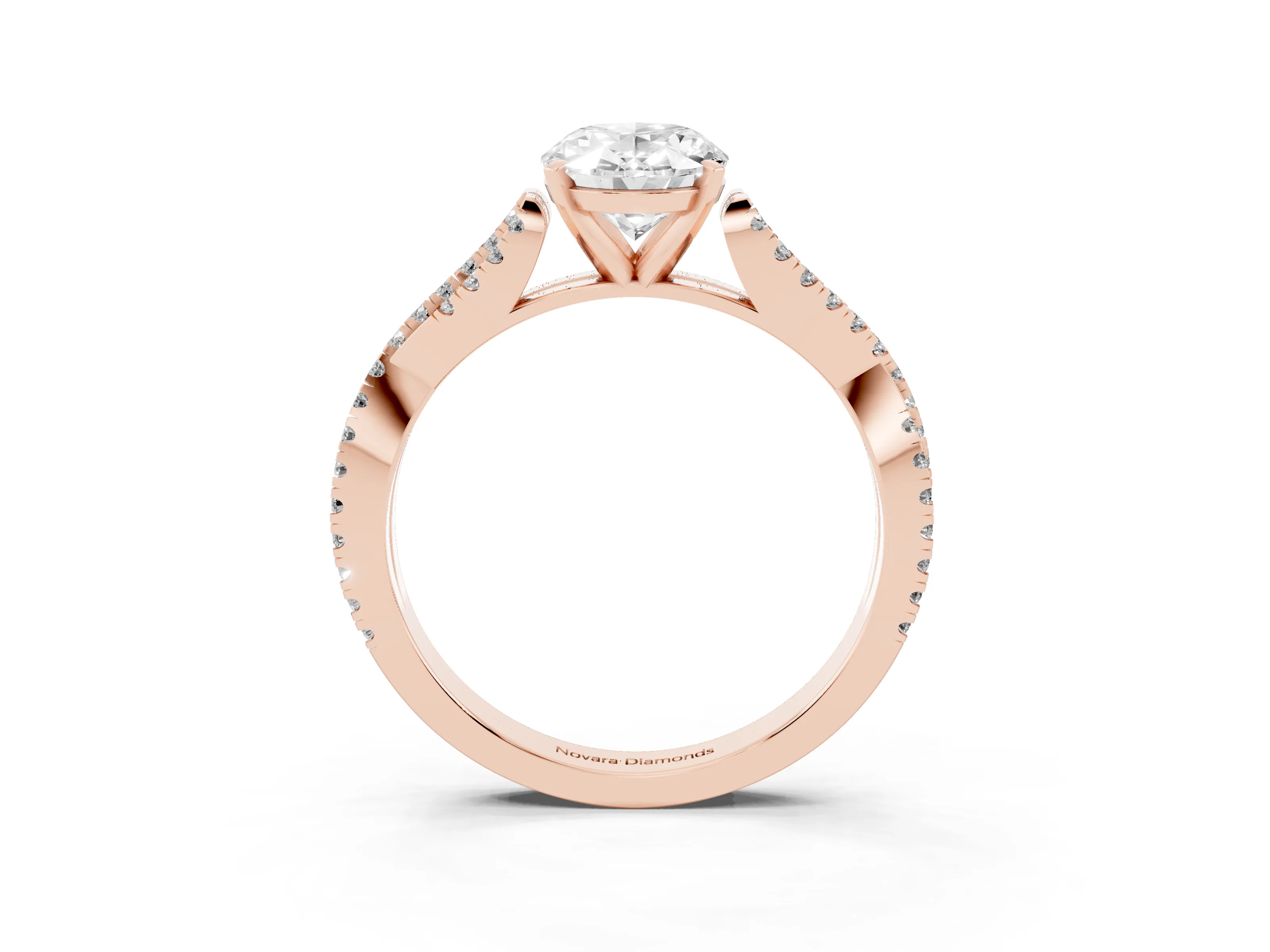 Oval Cut Diamond Solitaire Engagement Ring Set in Rose gold with Twisted Pavé Band and Prong Setting