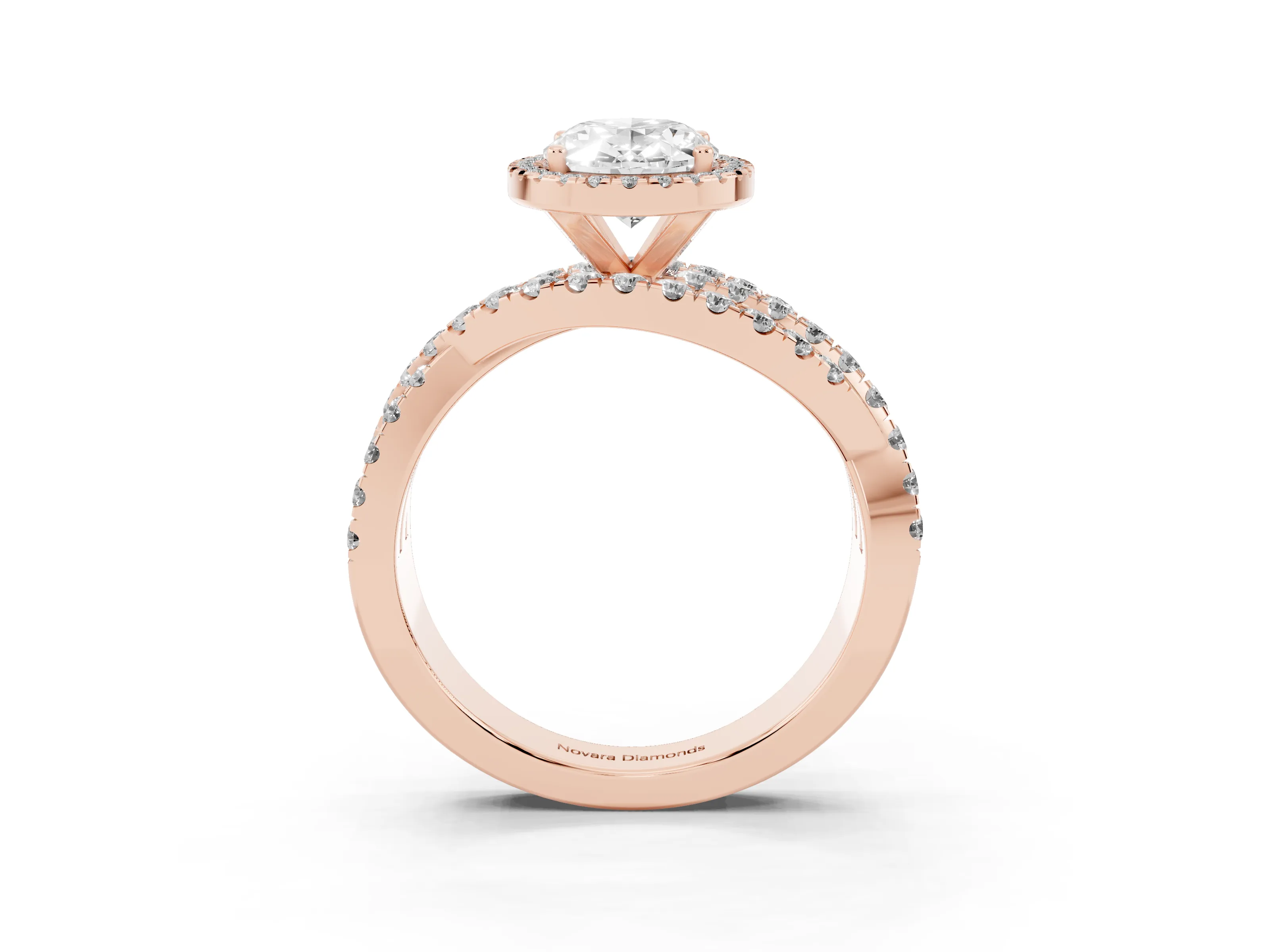 Oval Cut Diamond Halo Ring Set in Rose gold with Round Crossover Split Shank and Prong Setting