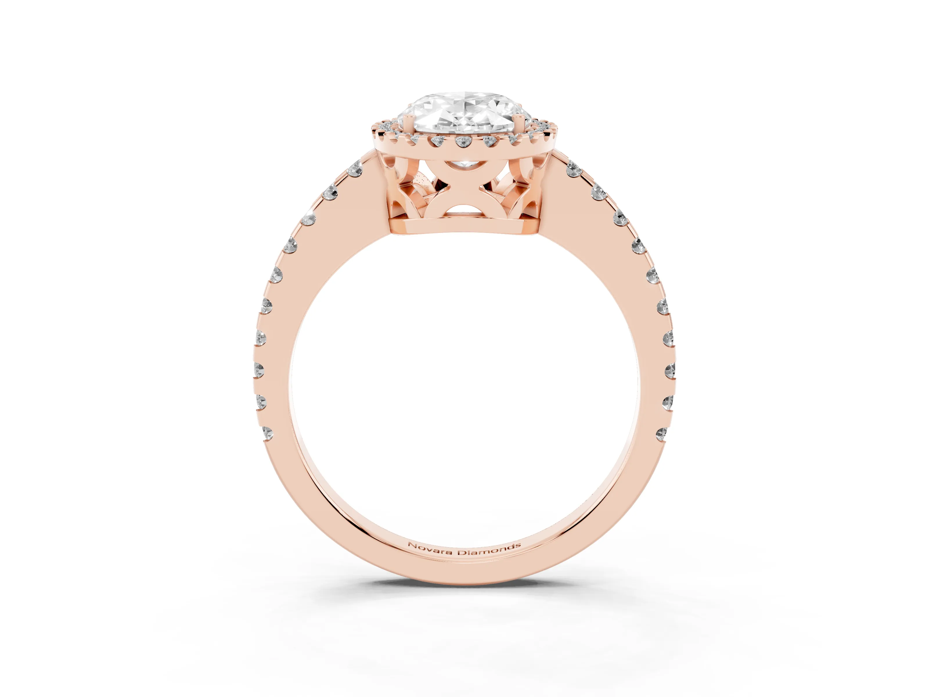 Oval Cut Diamond Halo Ring Set in Rose gold with Pavé Shoulders and Halo-Framed Center