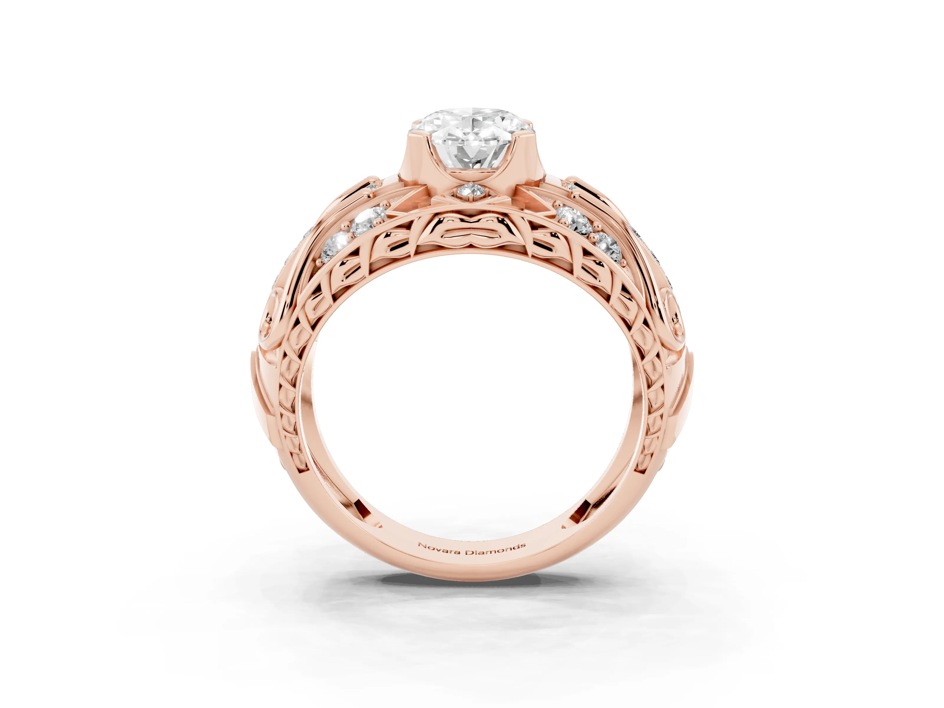 Oval Cut Diamond Art Deco Ring Set in Rose gold with Pavé Split Shank