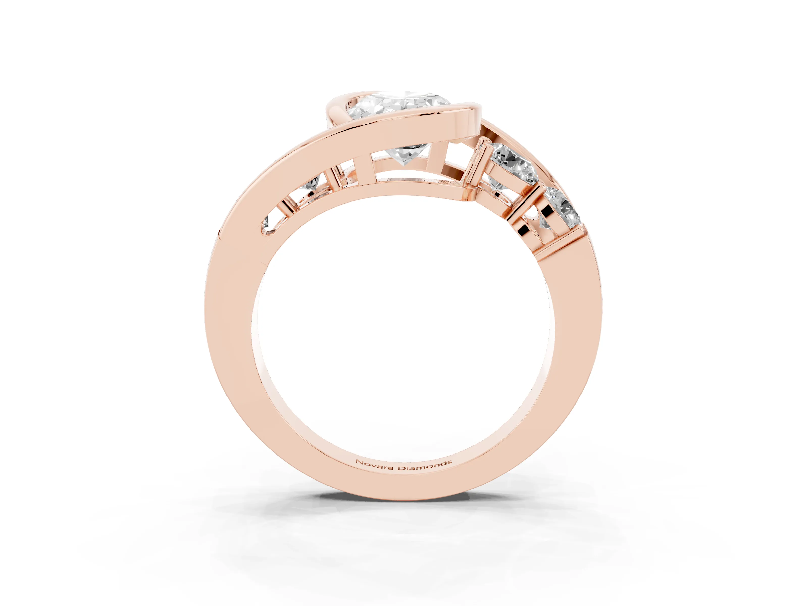 Oval Cut Diamond Bezel Bypass Ring Set in Rose gold with Round Accents