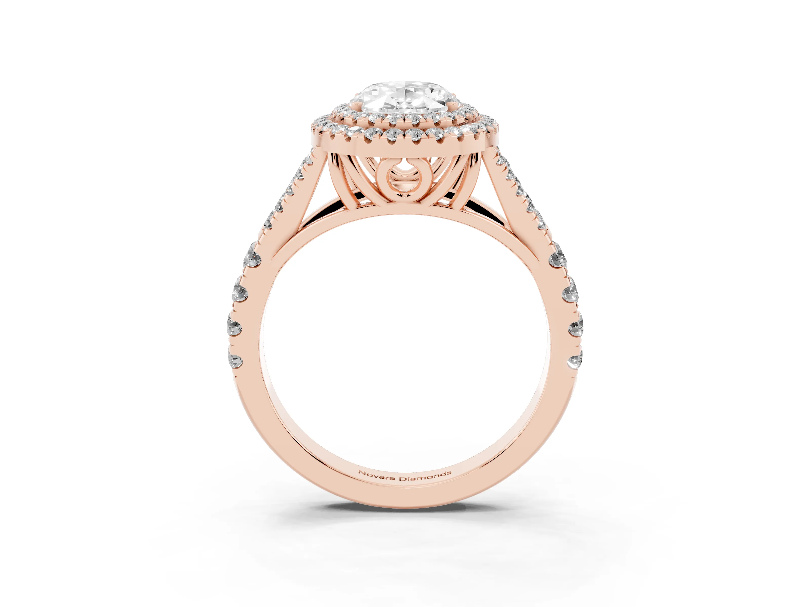 Oval Cut Diamond Pavé Split Shank Double Halo Engagement Ring Set in Rose gold