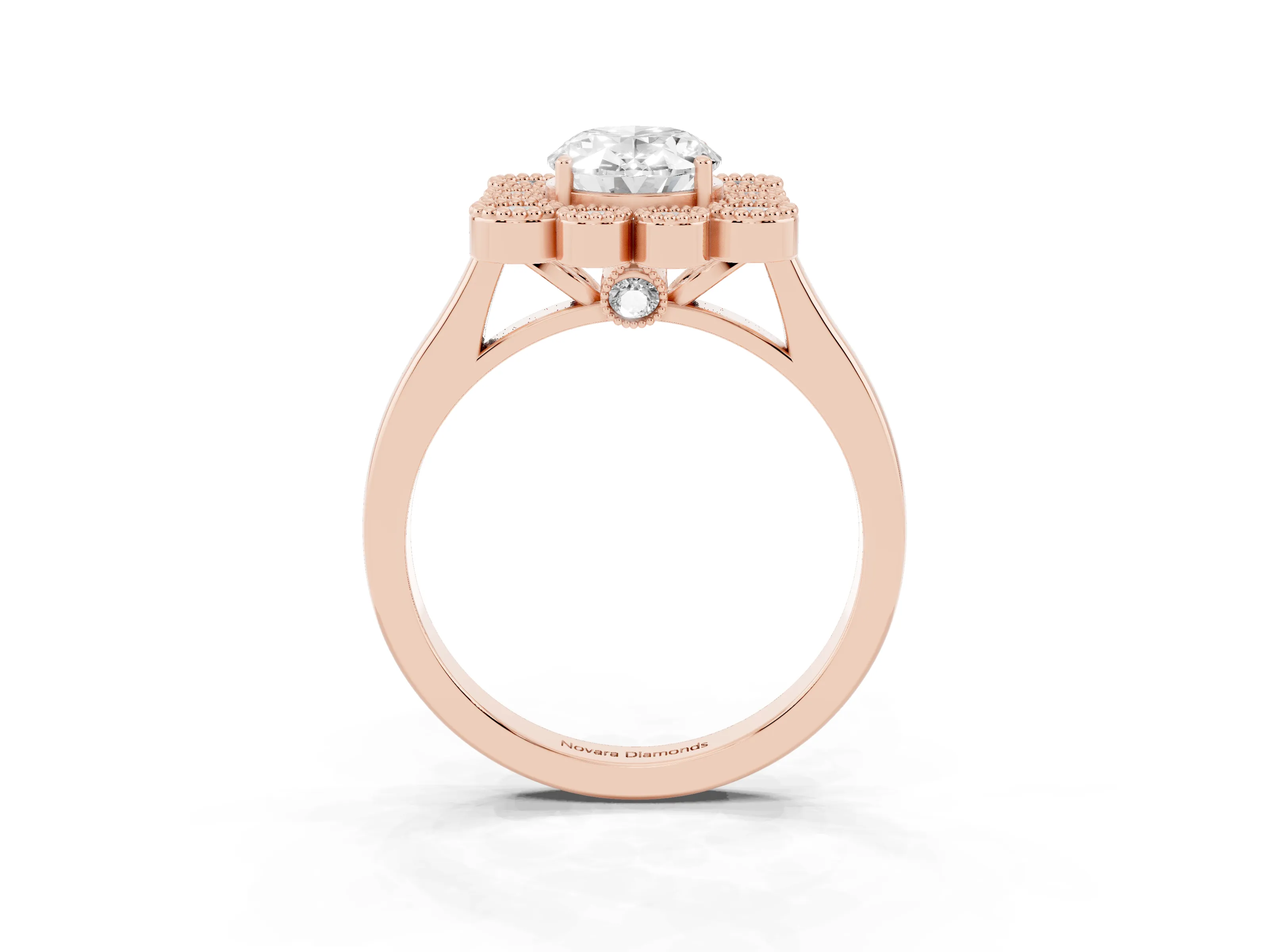 Oval Cut Diamond Cluster Halo Ring Set in Rose gold with Milgrain Bezel Accents and Plain Band
