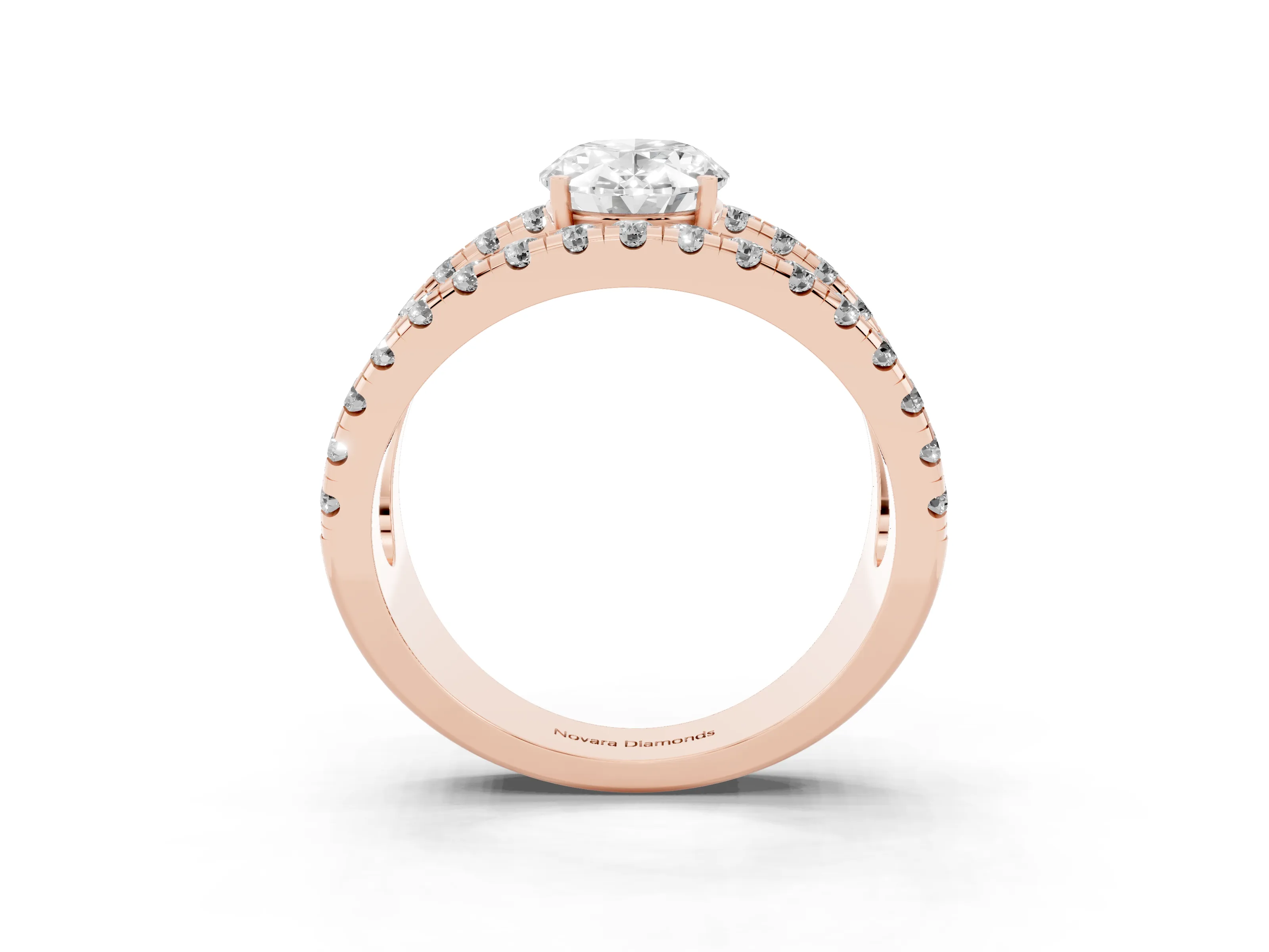 Oval Cut Diamond Split Shank Pavé Solitaire Ring Set in Rose gold with Open Shank Design