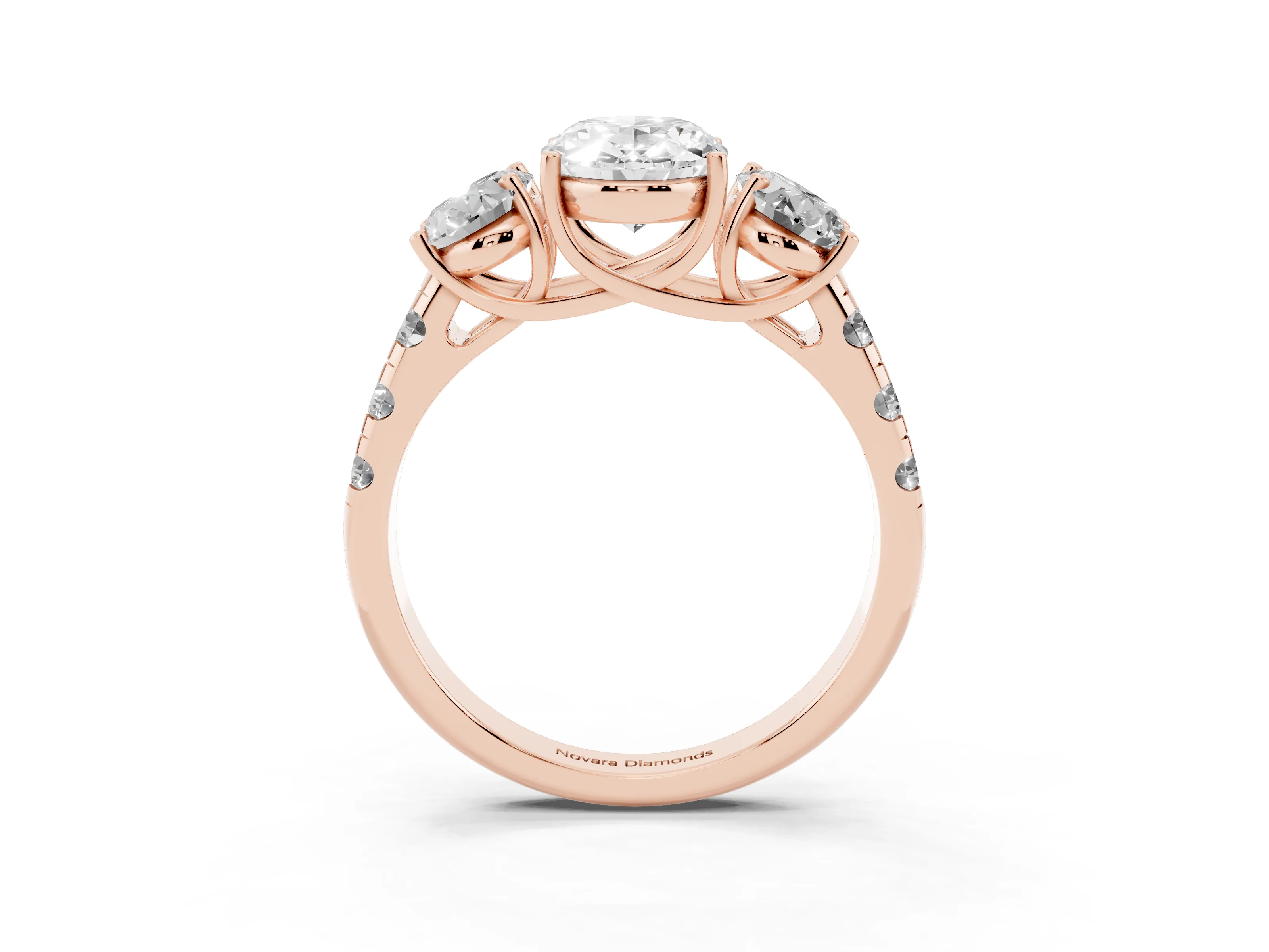 Oval Cut Diamond Three-Stone Ring Set in Rose gold with Pavé Band