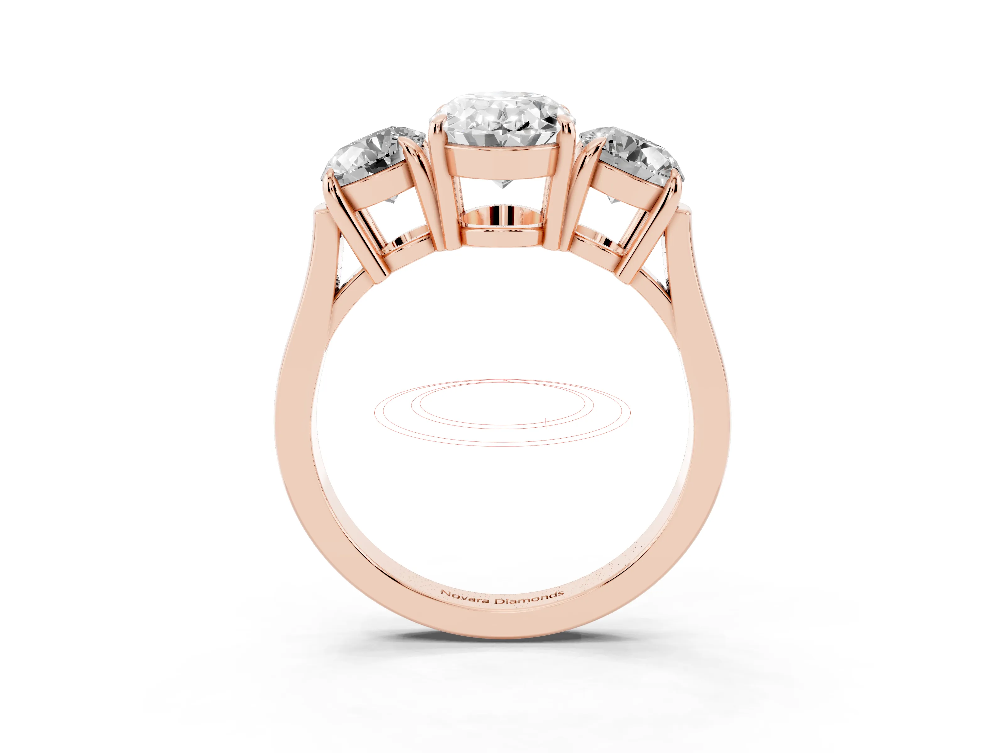 Oval Cut Diamond Three-Stone Ring Set in Rose gold with Round Accent Stones and Plain Band