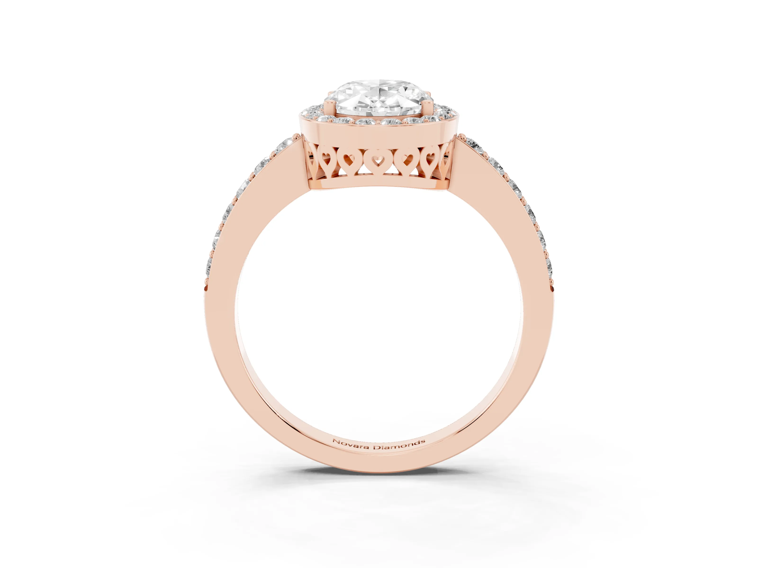 Oval Cut Diamond Halo Ring Set in Rose gold with Pavé-Setting Band and Open Prong Center