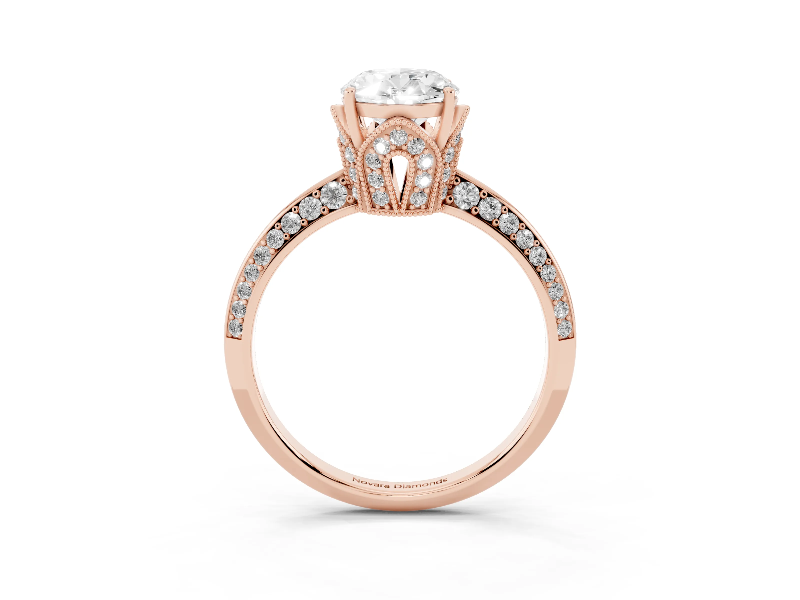 Oval Cut Diamond Solitaire Engagement Ring Set in Rose gold with Pavé Split Shank and Prong Setting