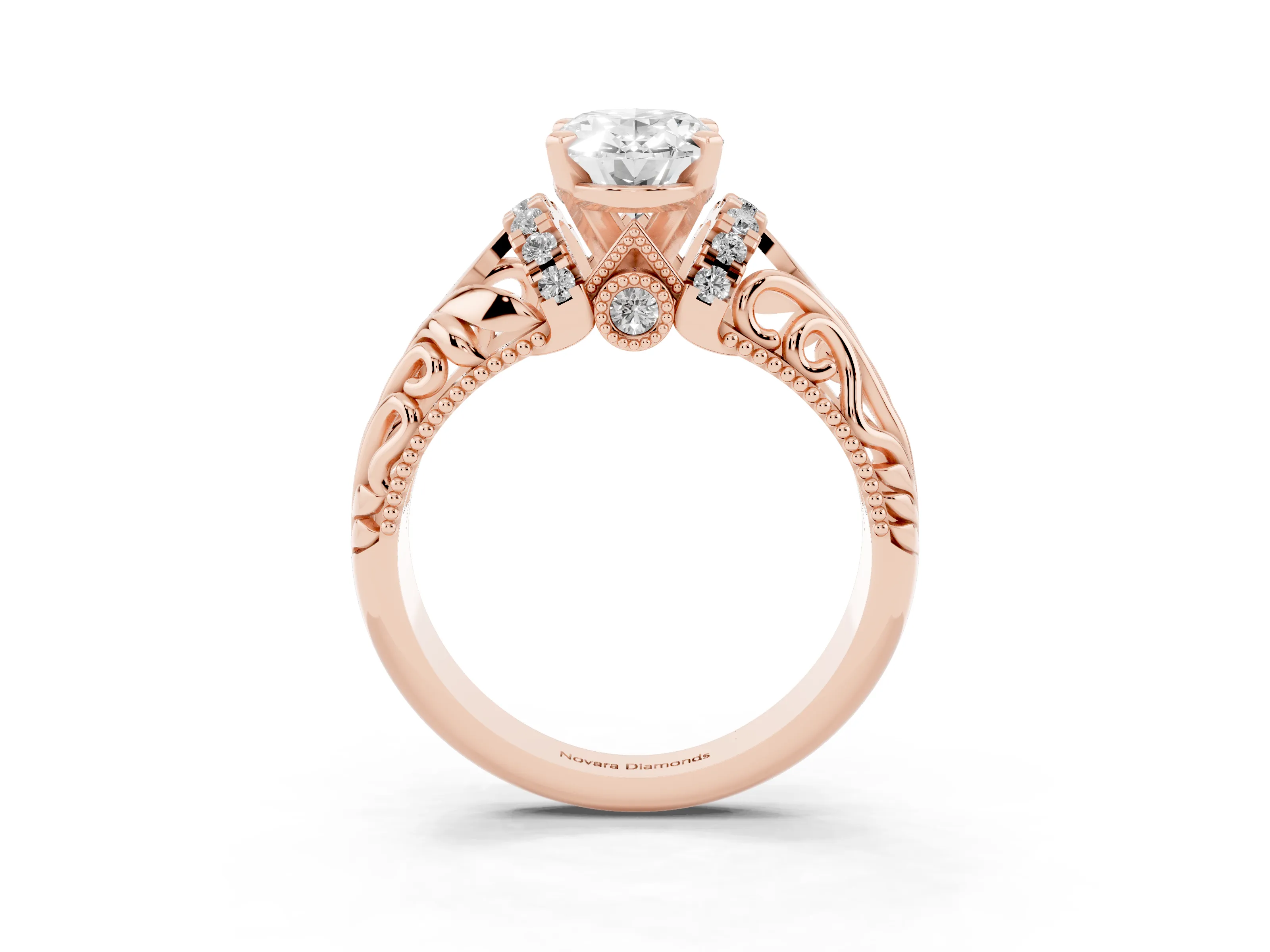 Oval Cut Diamond Filigree Halo Engagement Ring Set in Rose gold with Prong Setting