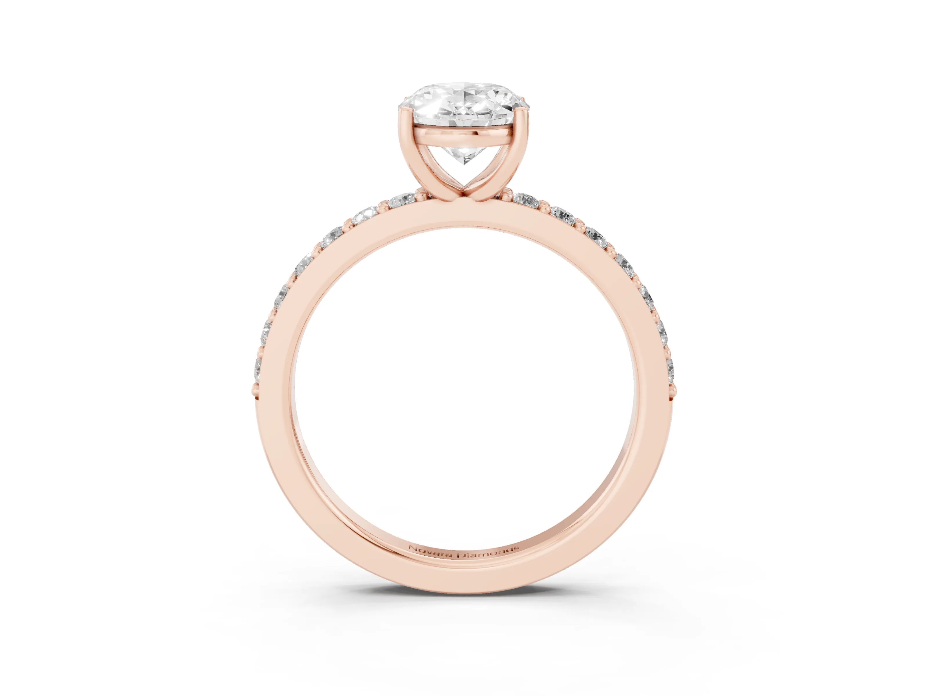 Oval Cut Diamond Solitaire Set in Rose gold with Round Pavé Band and Prong Setting