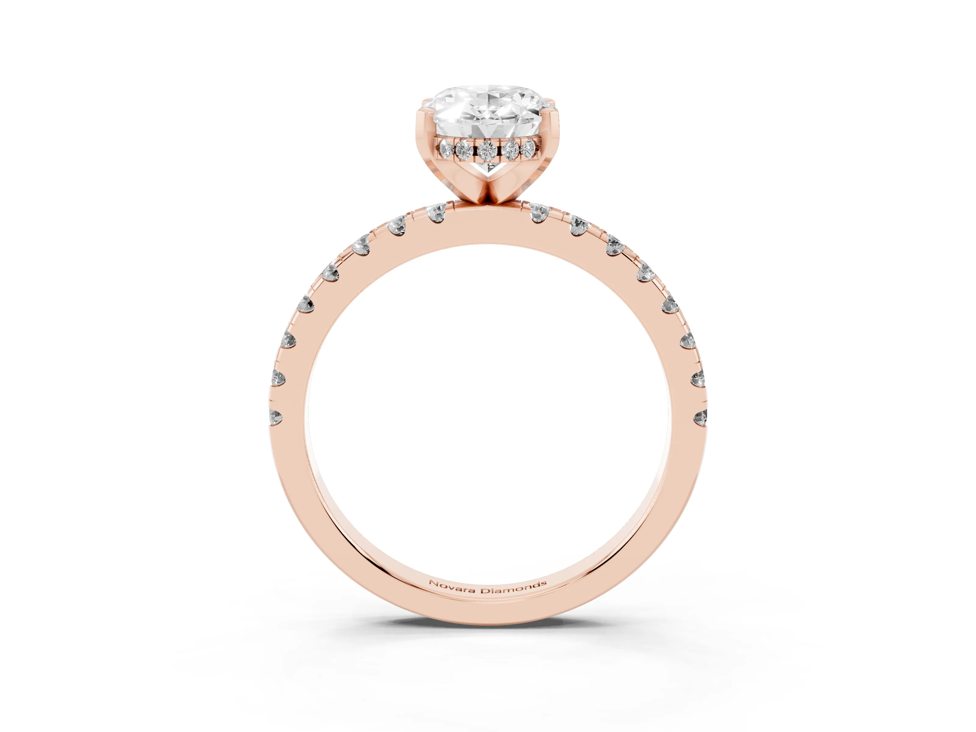 Oval Cut Diamond Pavé Solitaire Ring Set in Rose gold with Round Band Accents and Prong Setting