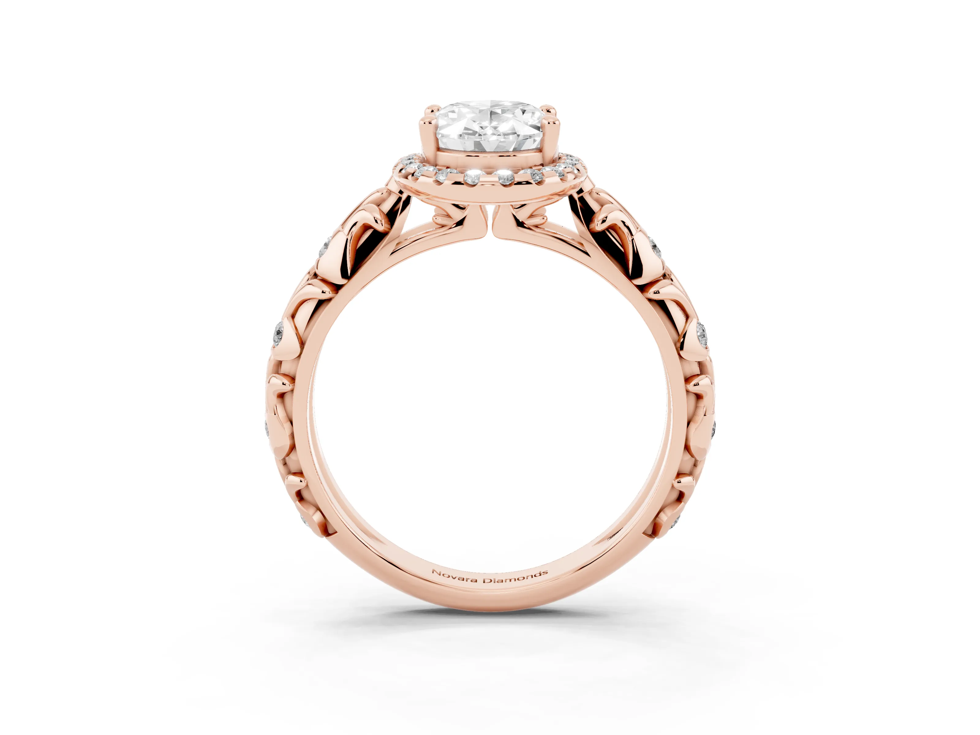Oval Cut Diamond Halo Ring Set in Rose gold with Filigree Leaf Band and Prong Setting