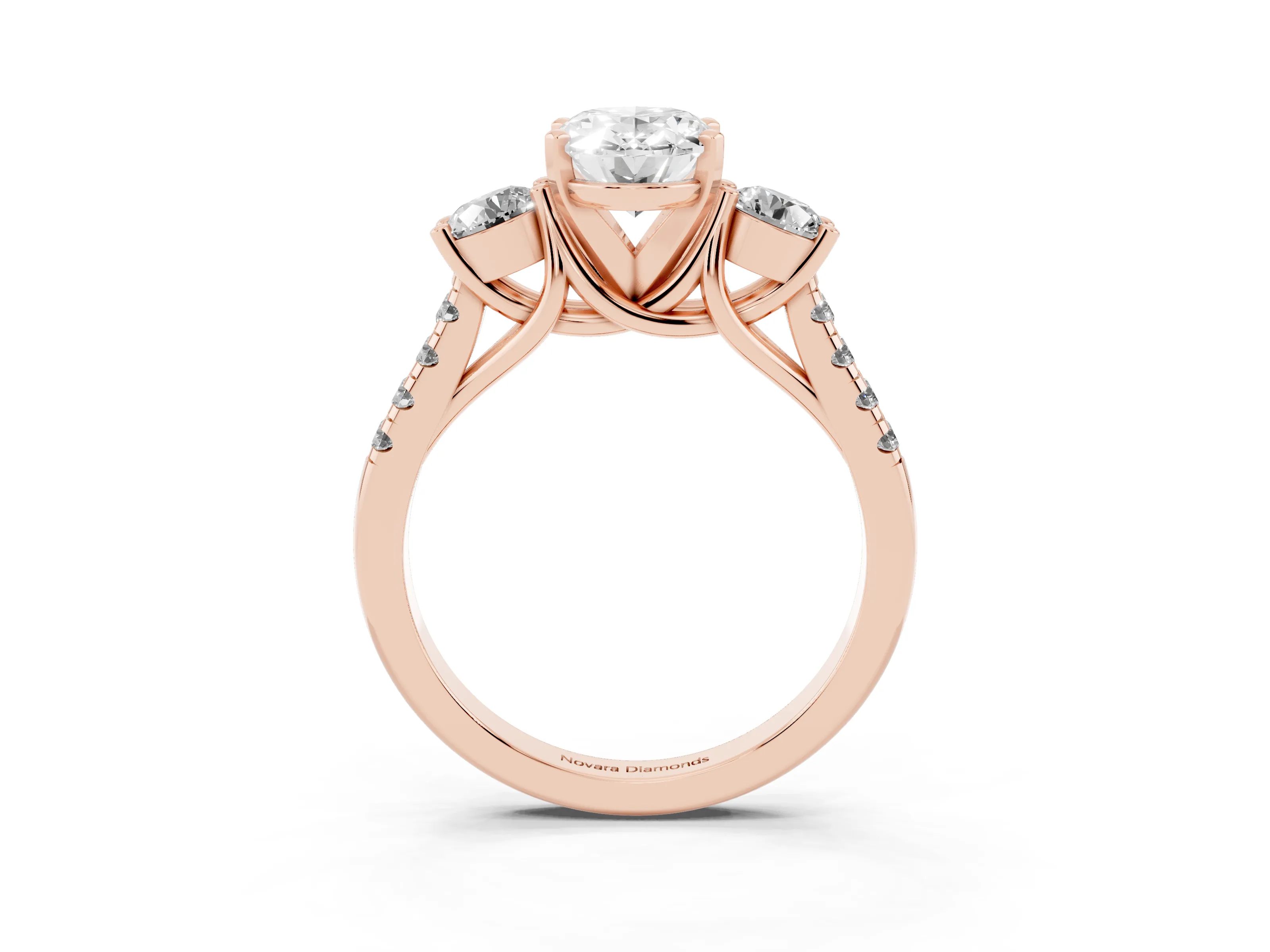 Three-Stone Oval Cut Diamond Pavé Band Ring Set in Rose gold with Prong-Set Trio