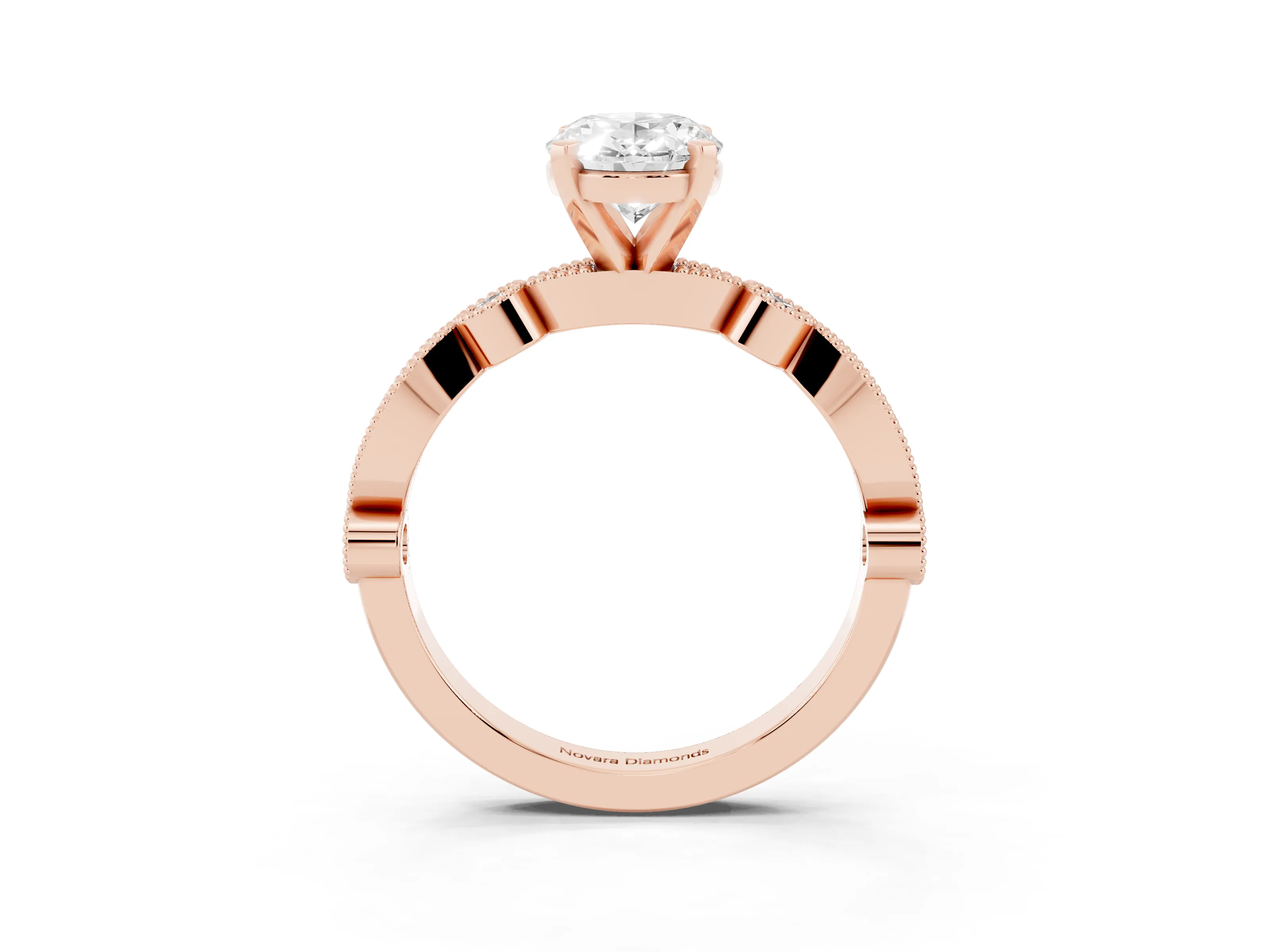 Oval Cut Diamond Solitaire Engagement Ring Set in Rose gold with Milgrain Bezel Accent Band
