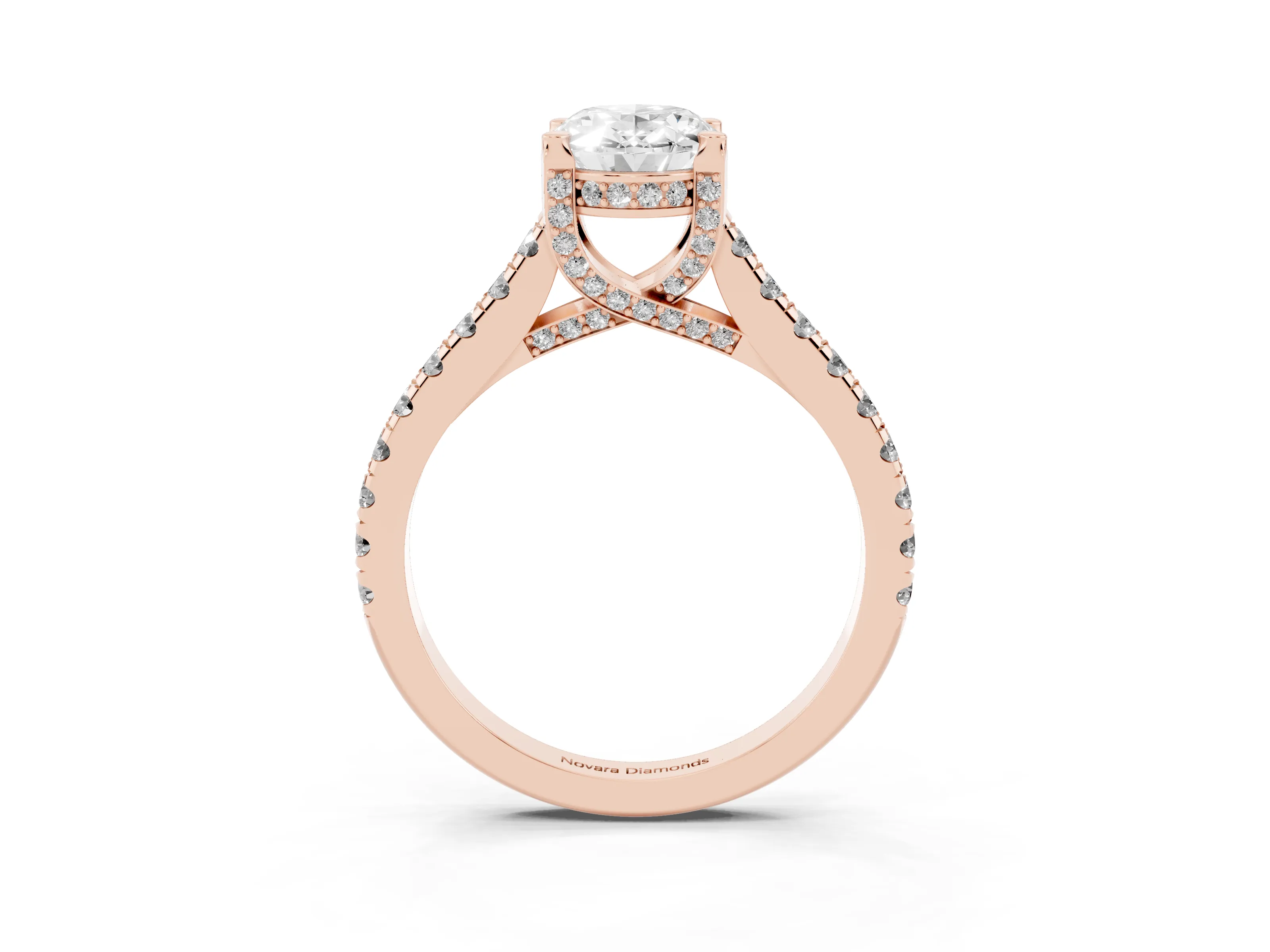 Oval Cut Diamond Solitaire Ring Set in Rose gold with Brilliant Pavé Band and Prong Setting
