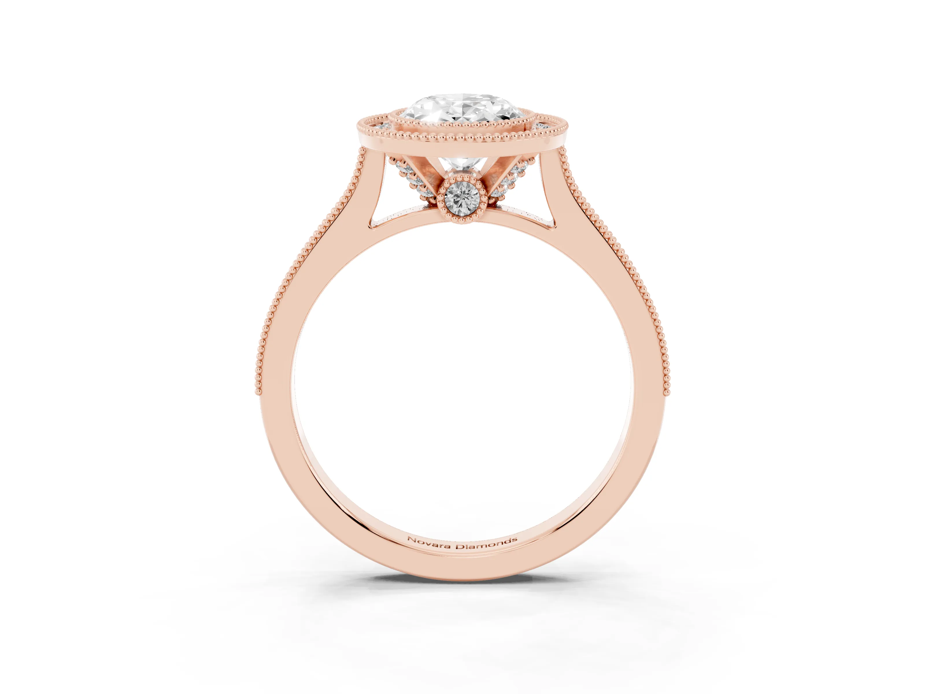 Oval Cut Diamond Halo Milgrain Pavé Band Ring Set in Rose gold with Prong Setting