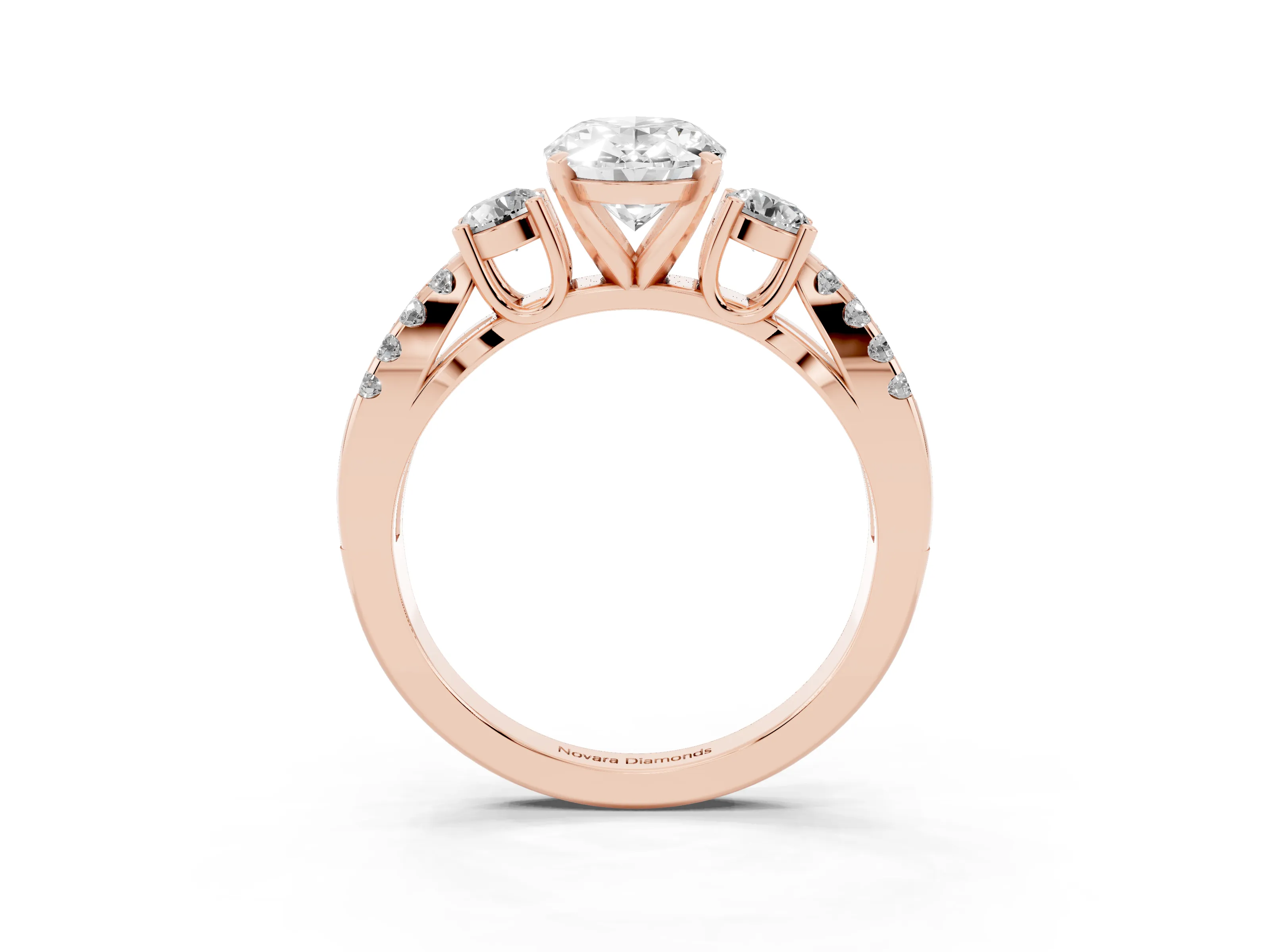 Oval Cut Diamond Three-Stone Ring Set in Rose gold with Pavé Split Shank and Prong Setting