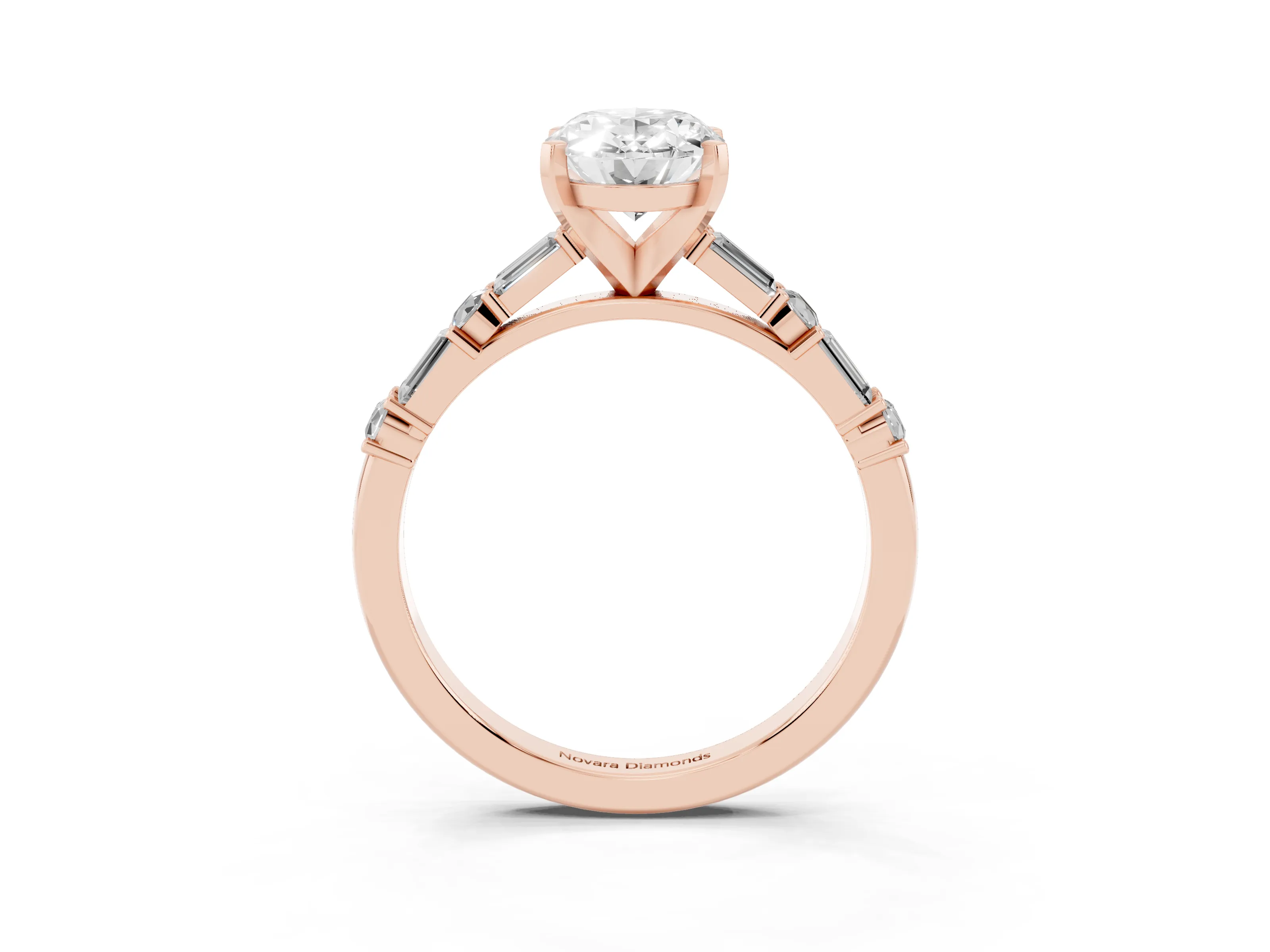 Oval Cut Diamond Solitaire Set in Rose gold with Side Baguettes and Channel Set Band