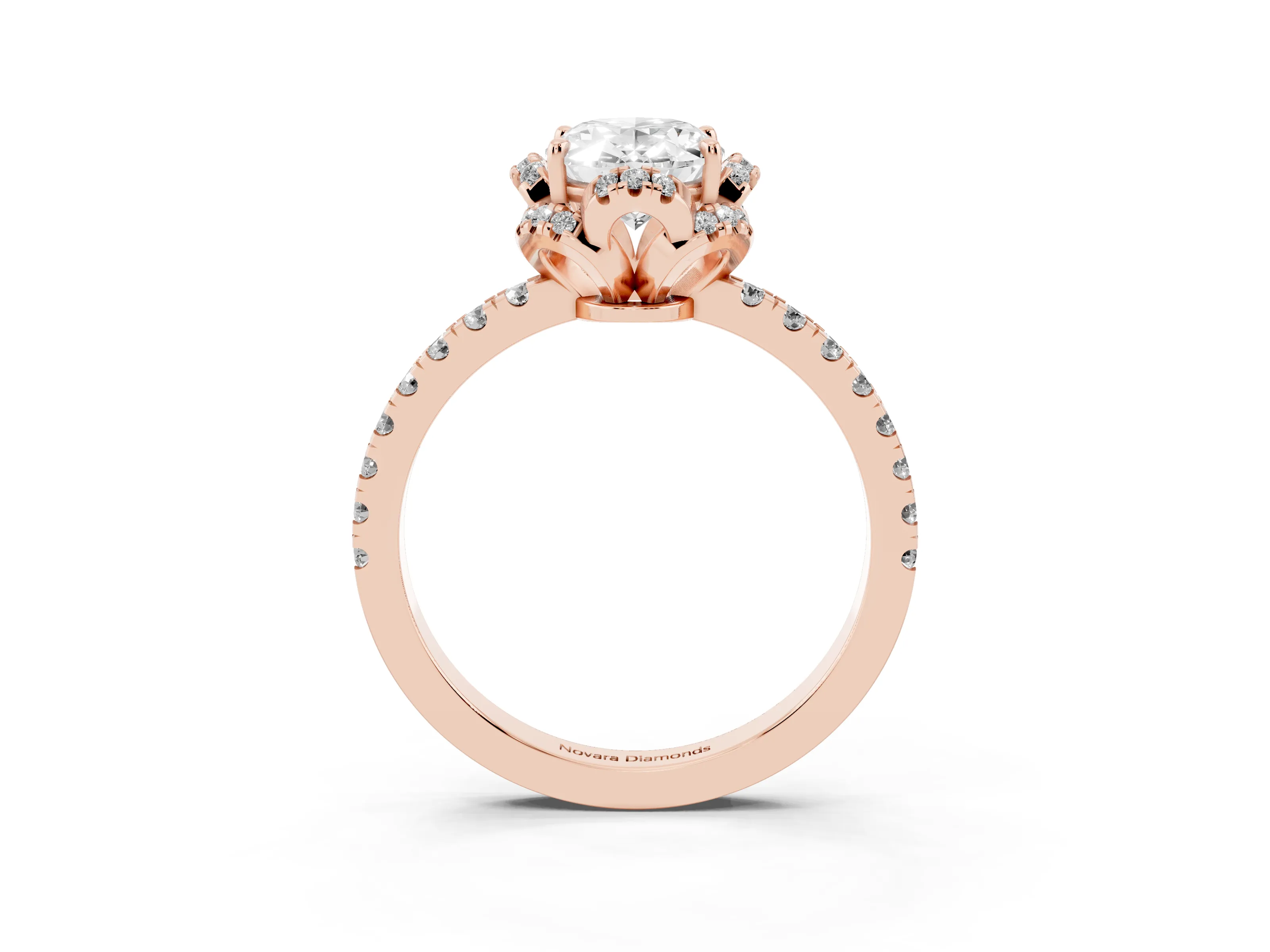 Oval Cut Diamond Halo Pavé Band Ring Set in Rose gold with Prong-Held Center