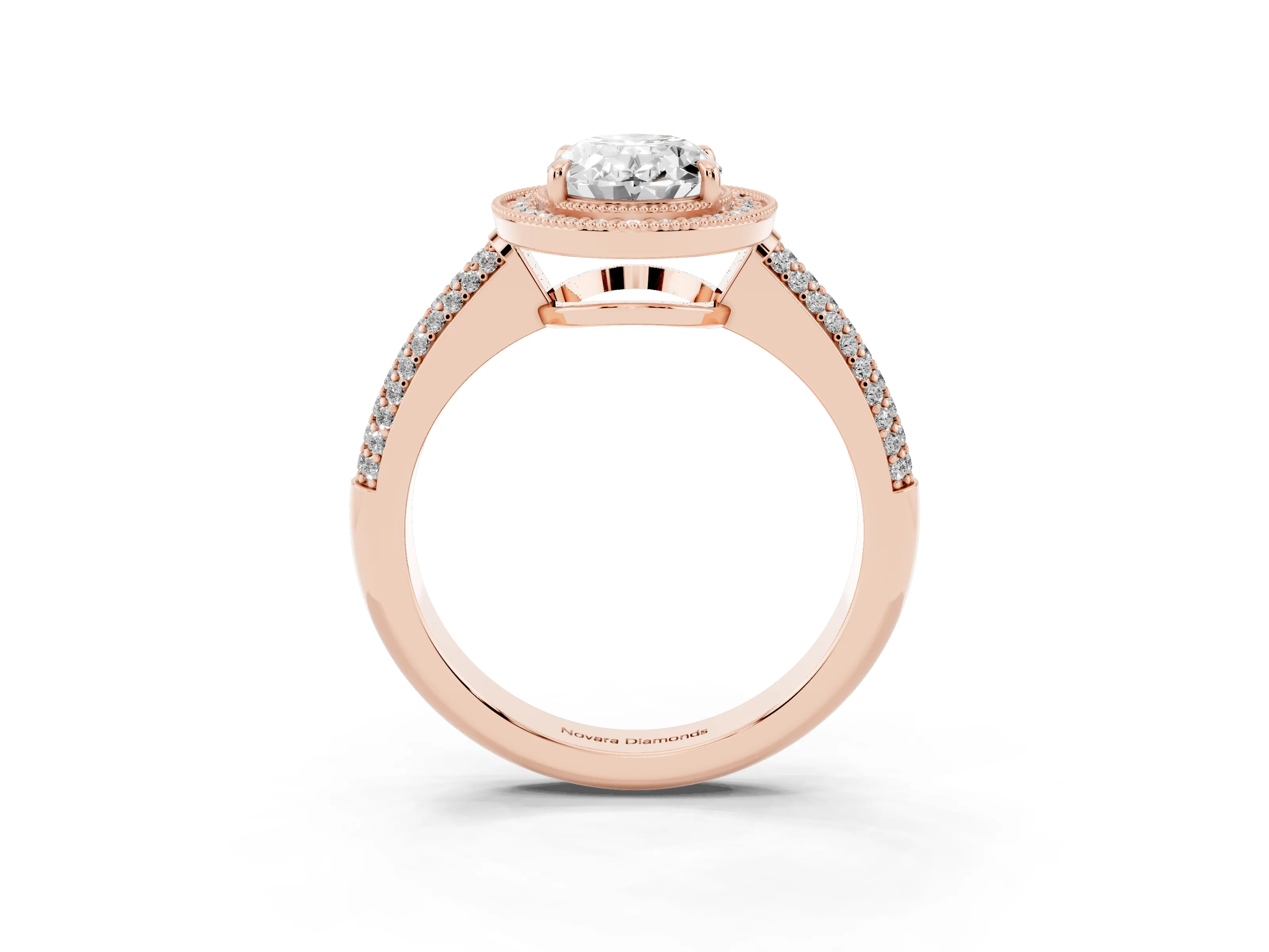 Oval Cut Diamond Halo Pavé Band Set in Rose gold with Prong Setting